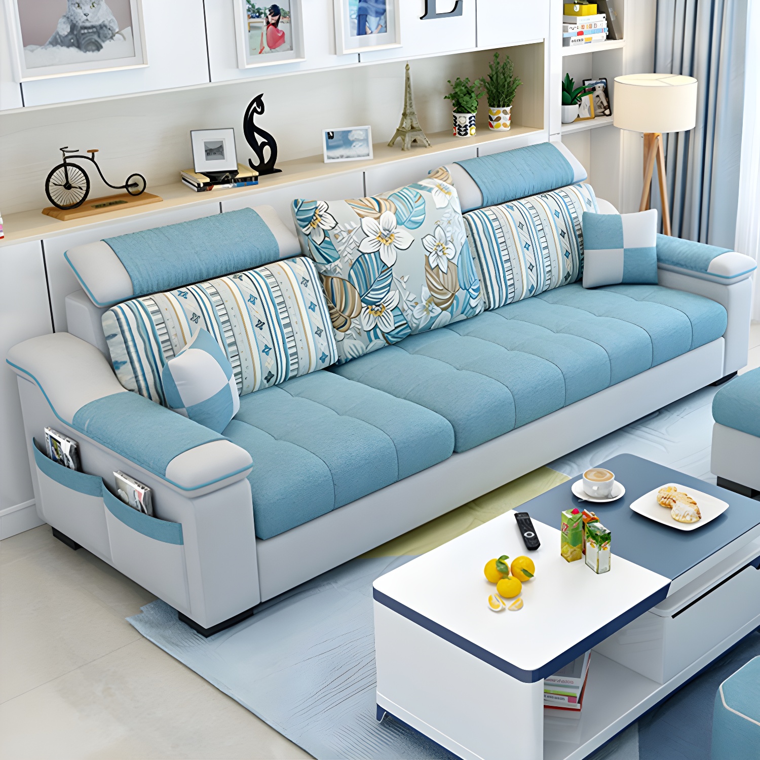 Modern Reversible Straight Sectional Sofa with Ottoman in Linen Upholstery, Sloped Arms - image 12