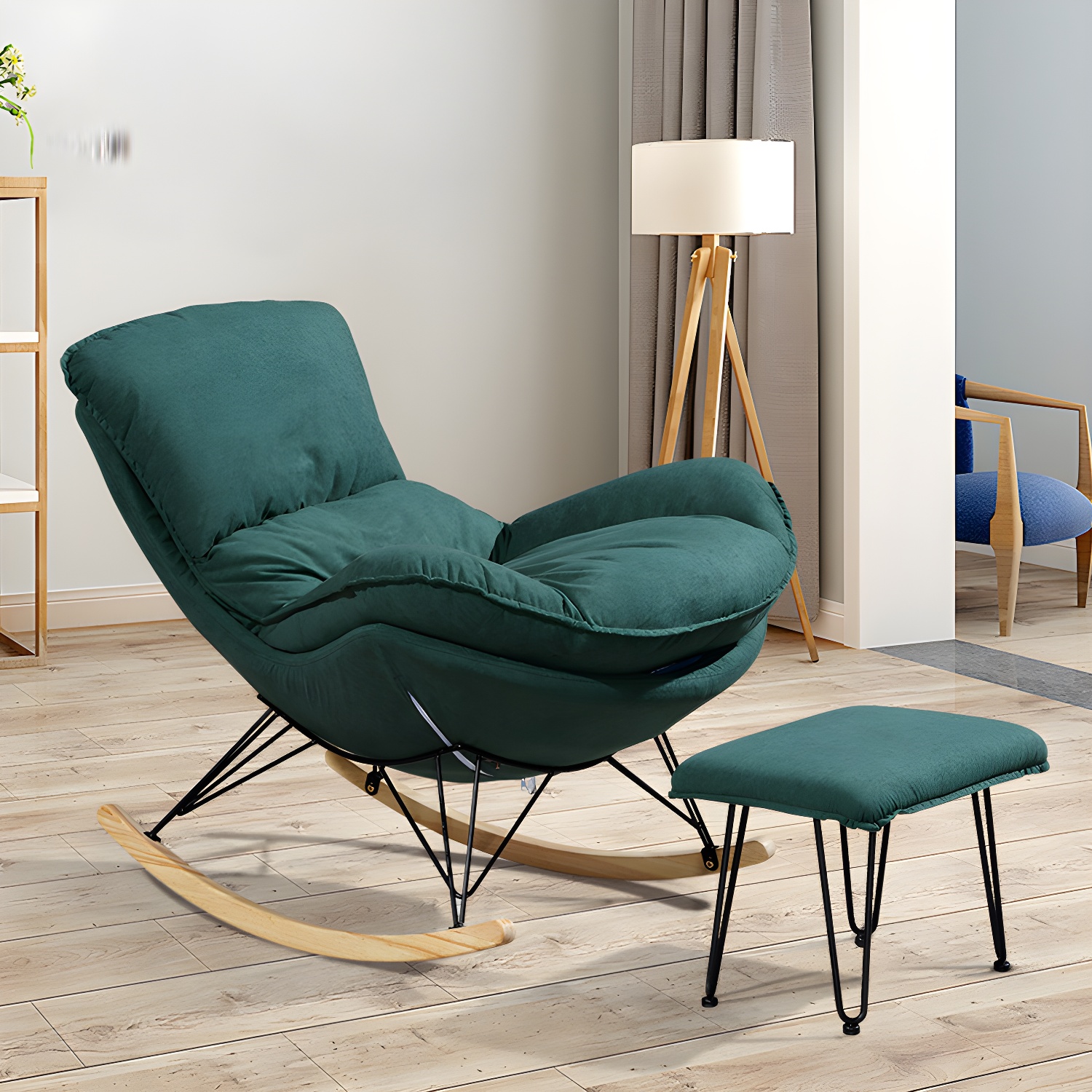 Modern Style Rocker Chair Metal Frame Spindle Cushions Rocker Chair with Ottoman
