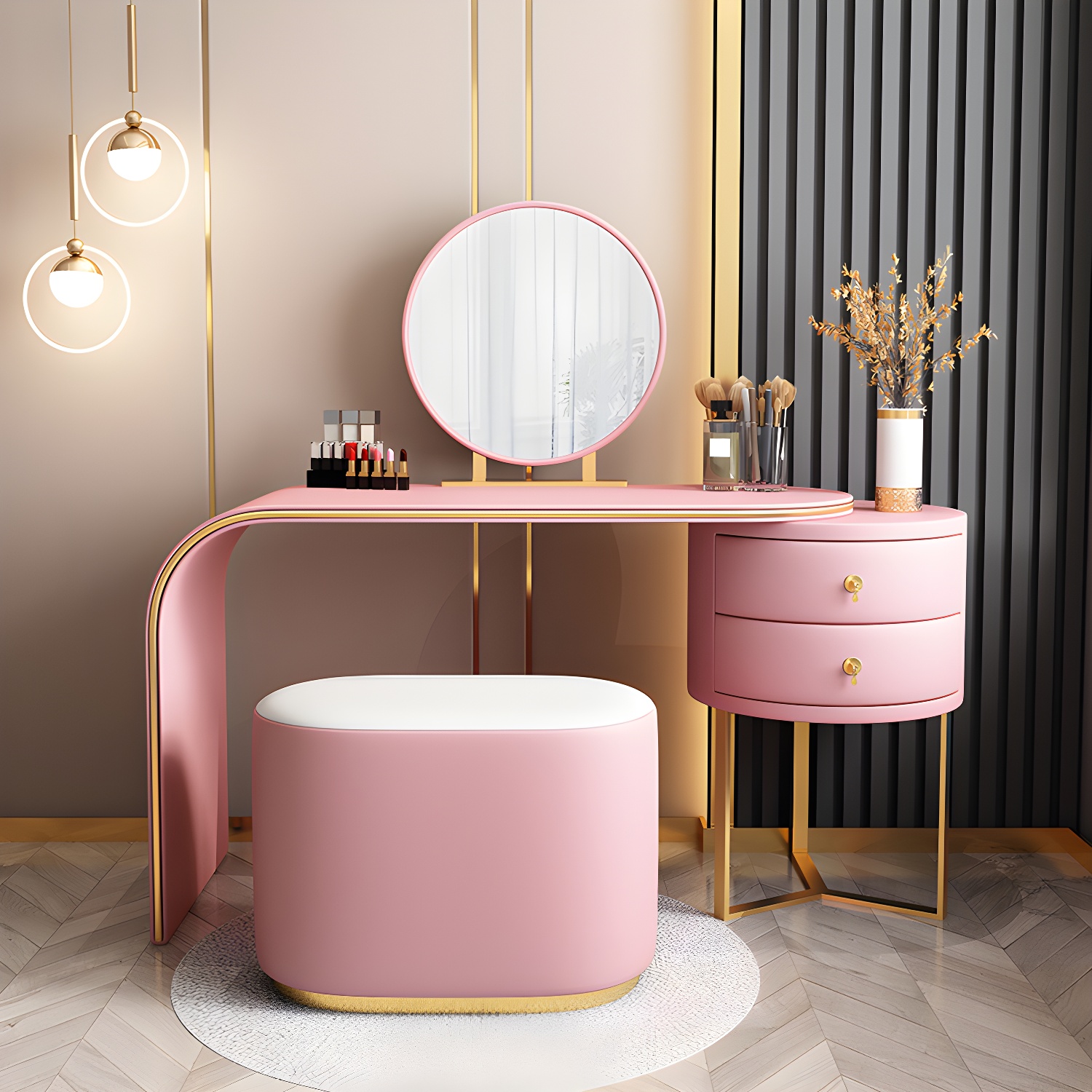 Genuine Leather Makeup Dressing Table with Mirror and Stool Set - image 4