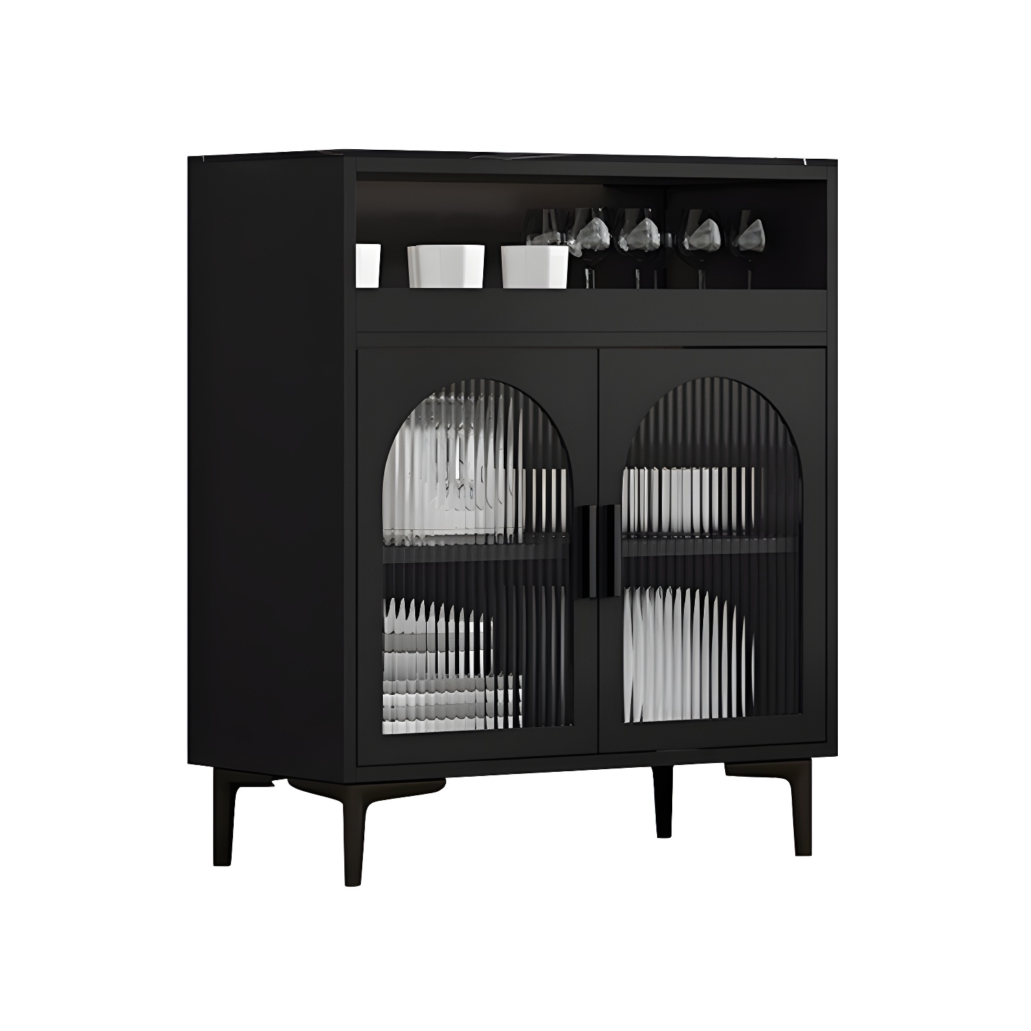 Modern Wood Buffet Sideboard with Stone Countertop and Glass Doors