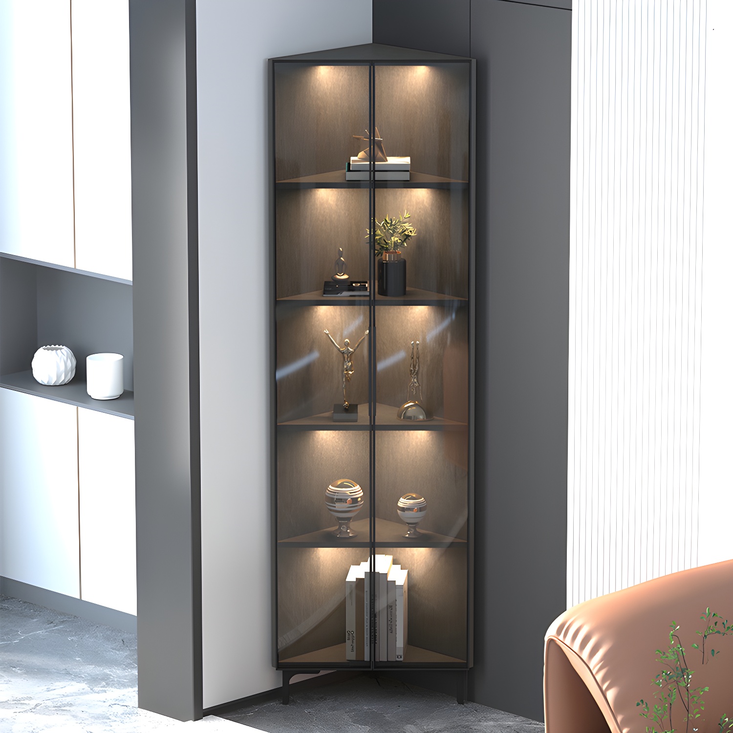 Modern Black Corner Accent. Wood Countertop. Glass Doors. Cabinets included - image 3