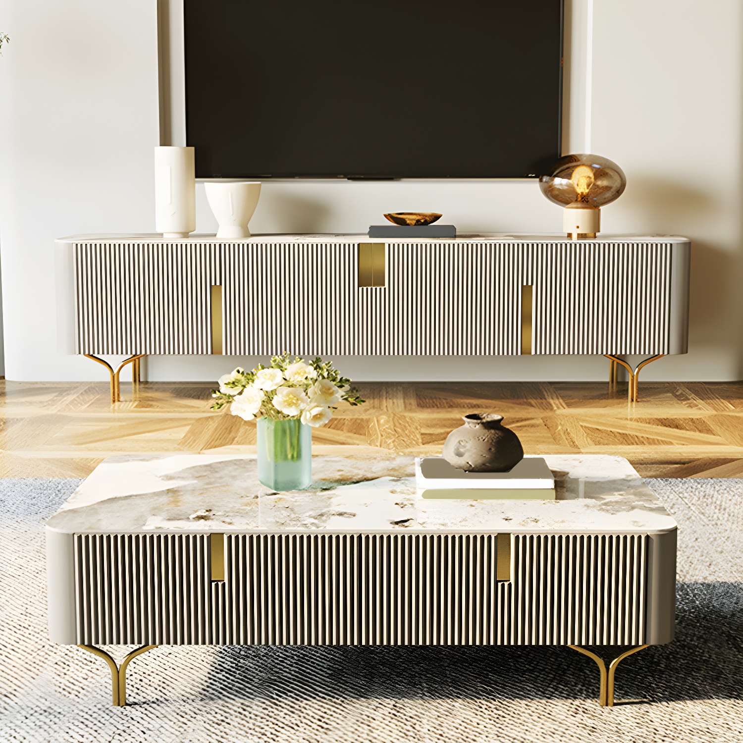 Enclosed Storage TV Stand Console Stone TV Media Console with Legs - image 5
