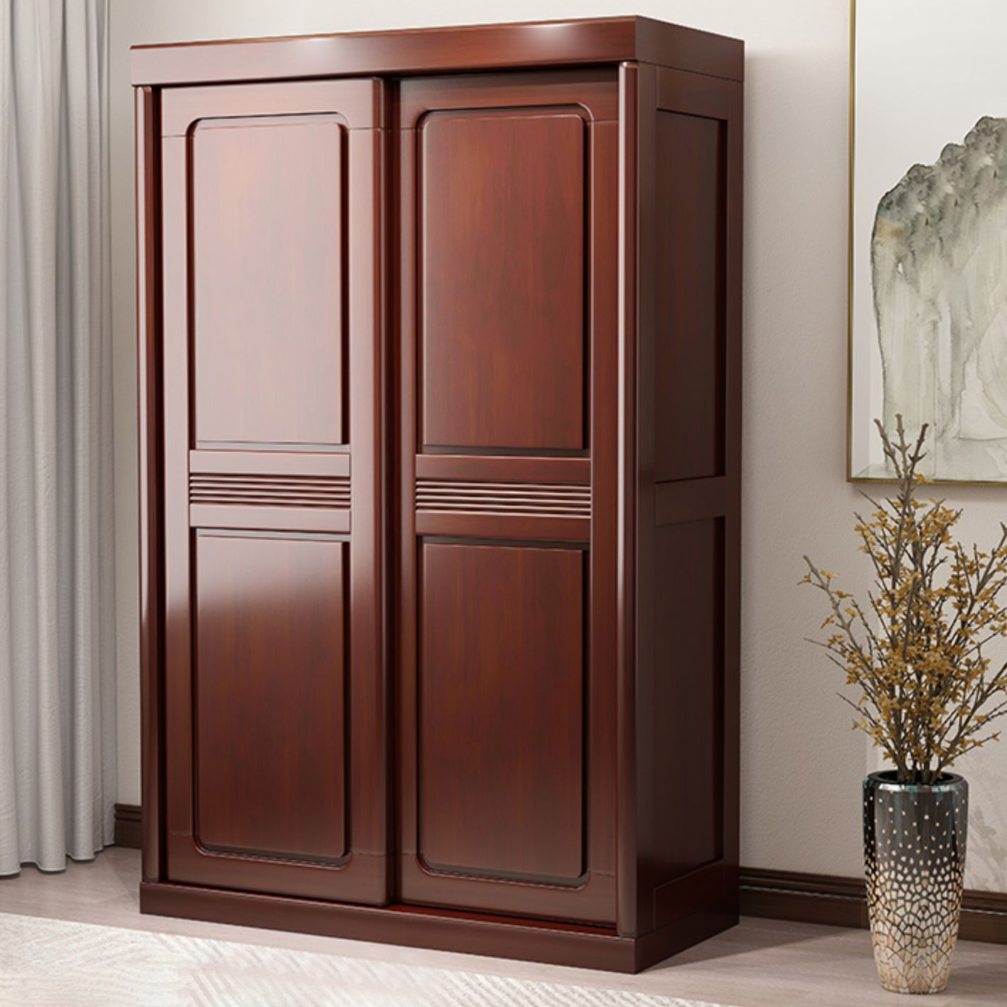 Traditional Wardrobe Cabinet Rubberwood Brown Wardrobe Armoire - image 3