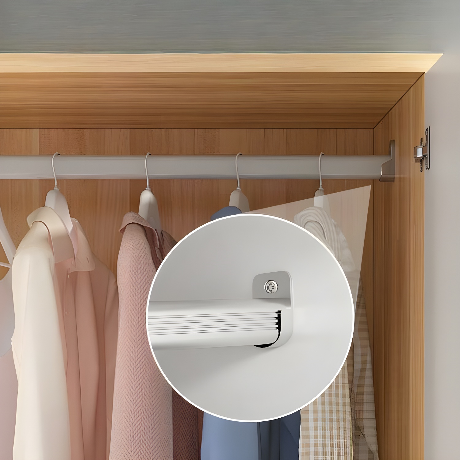 Scandinavian Wood Handle Storage Wardrobe with Metal Clothing Rod and Shelves - image 7