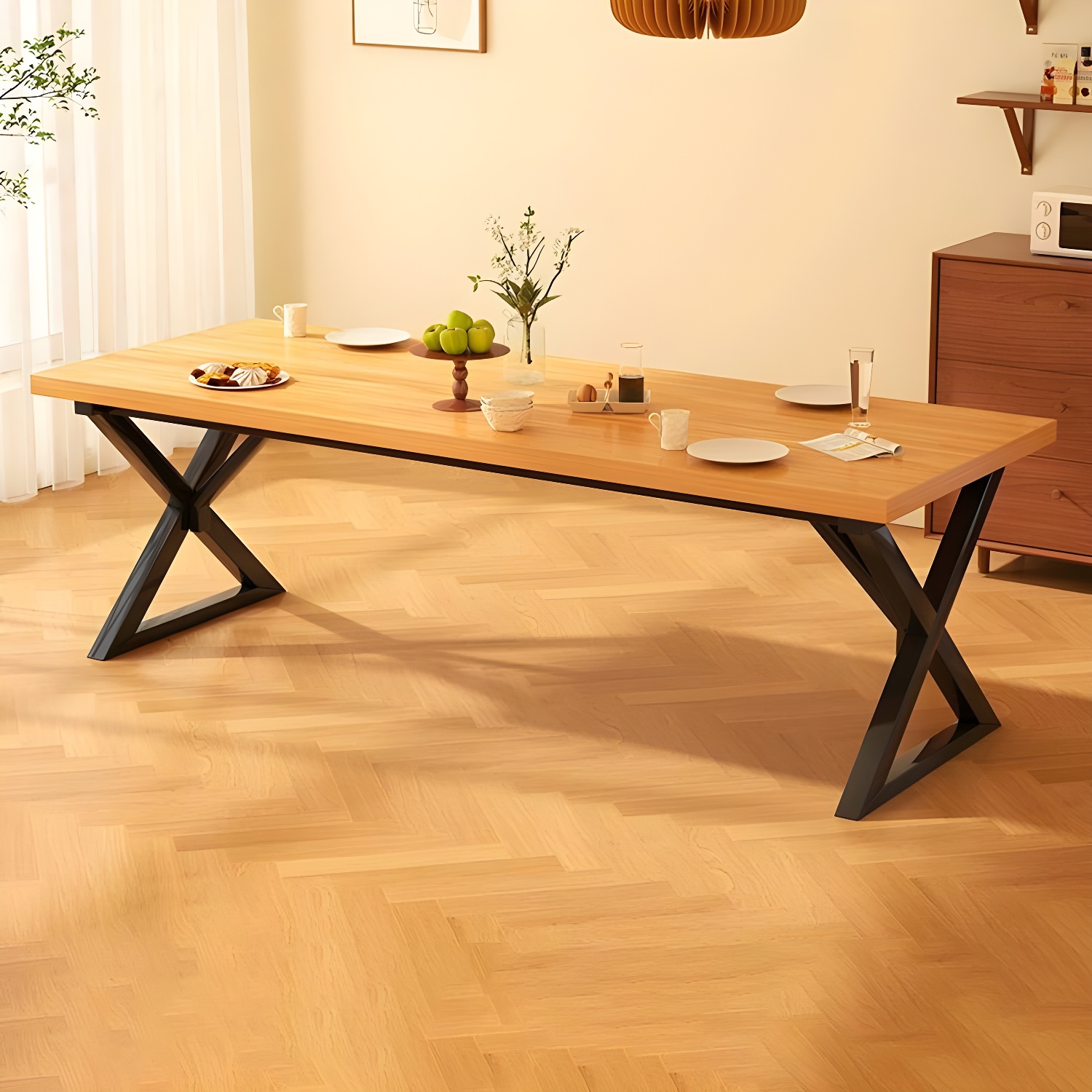 Brown Wood Rectangle Modern Dining Table with Double Black Metal Pedestal Base