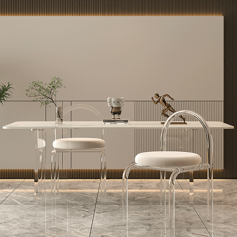 Dining Table Set with Rectangular White Slate Stone Top, Two-sided Pedestal Base, and Padded Chair with Back - image 5