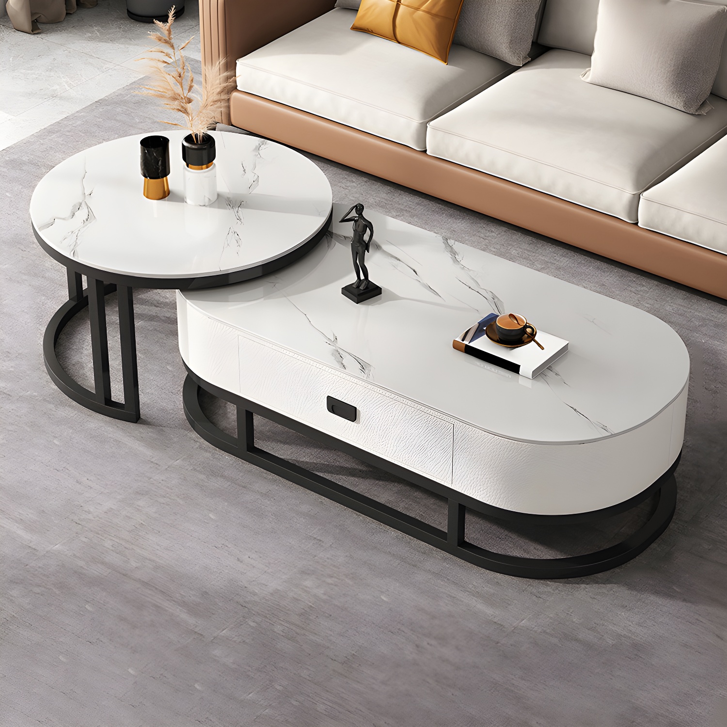 Slate Coffee Table Oval Nesting Coffee Table Set with Metal Legs - image 3