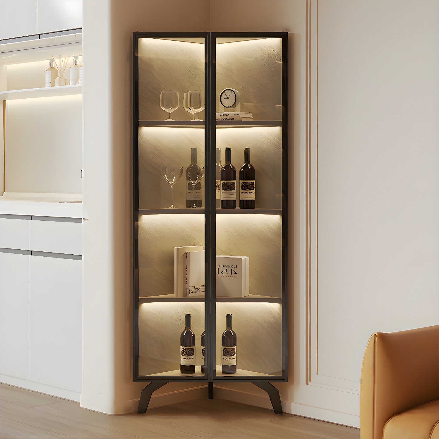 Modern Corner Glass Door Accent Cabinet with Black Metal Base - image 4