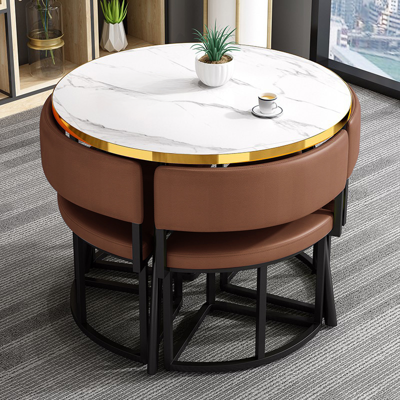 Art Deco Circular-shaped Upholstered Chair Metal & Faux Wood Dining Table Set with Upholstered Back in White, 5 Pieces