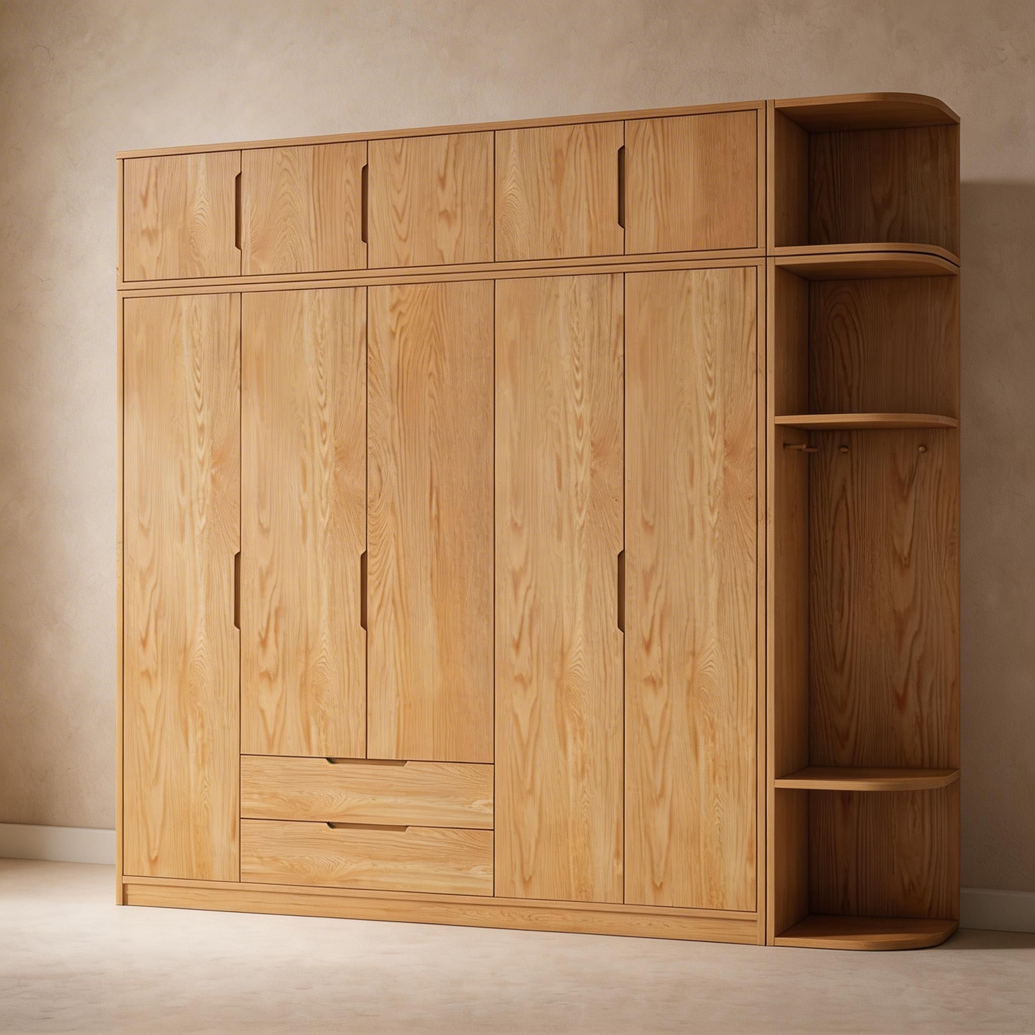 Modern Natural Wood Wardrobe Armoire with Sliding Doors, Drawers, and Shelves - image 101