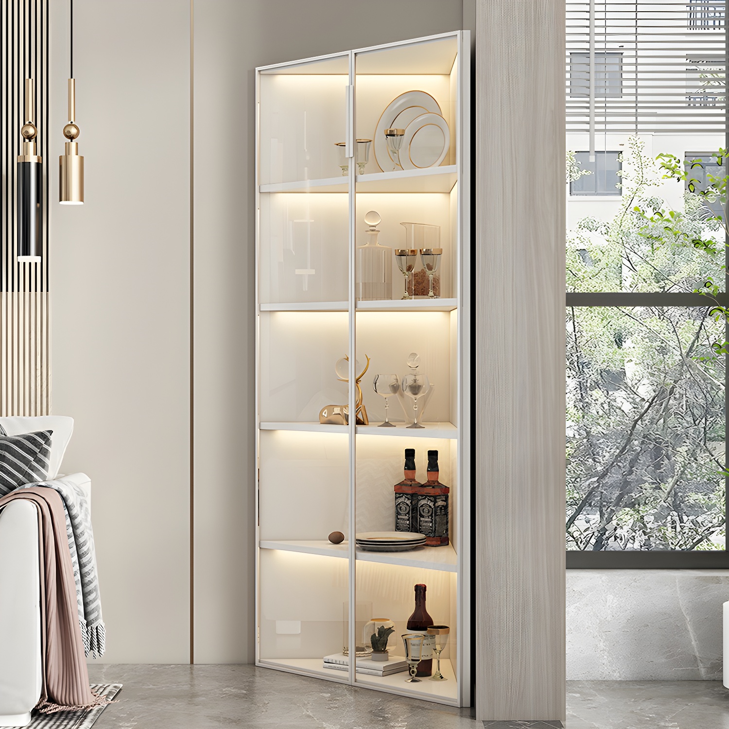 Wood Glass Paned Modern Corner Accent Cabinet for Living Room - image 3
