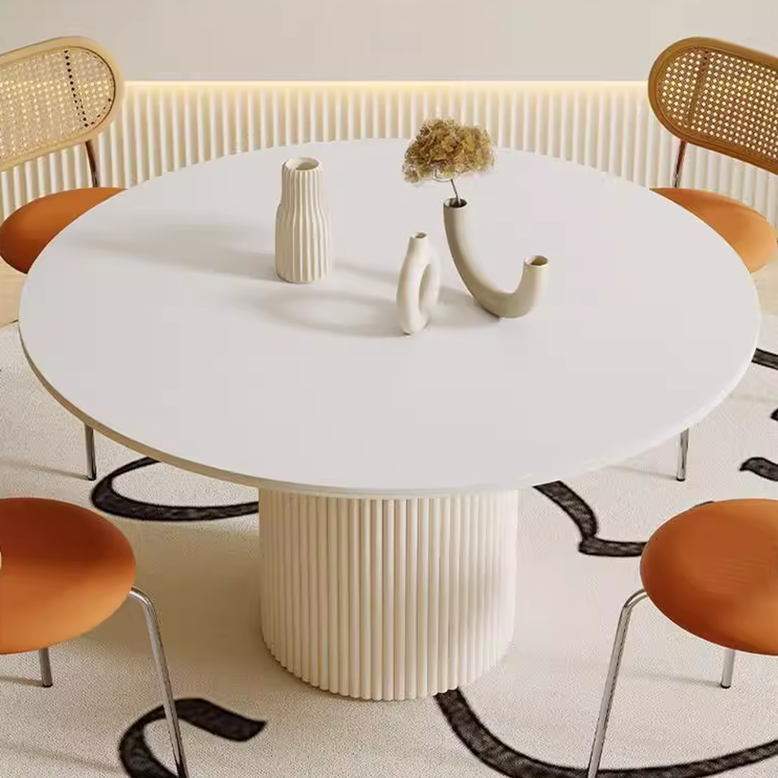Minimalist Sintered Stone Rounded Fixed Dining Table with Single Ribbed Leg for 2 People/for 4 - image 9