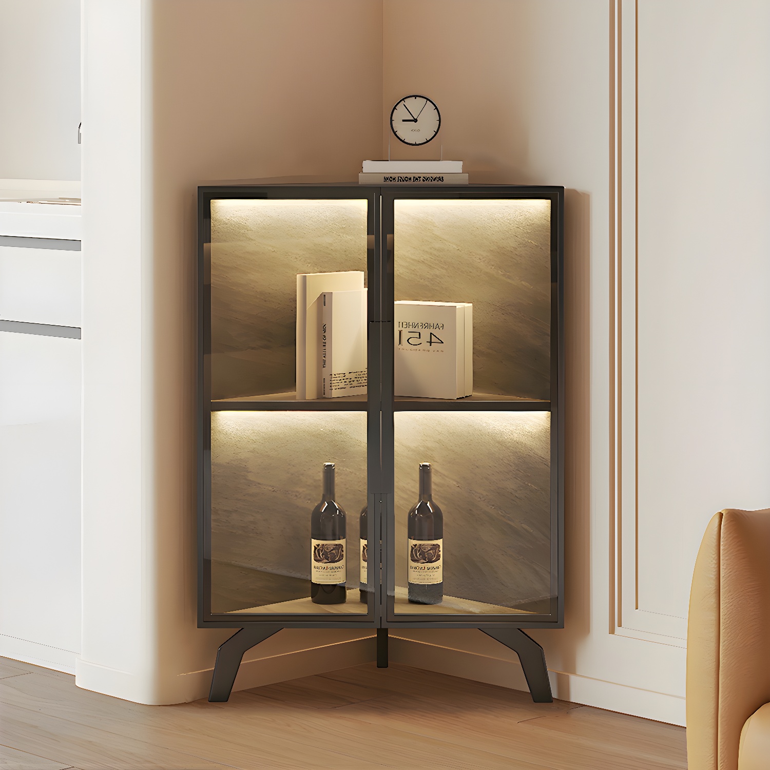 Modern Corner Glass Door Accent Cabinet with Black Metal Base