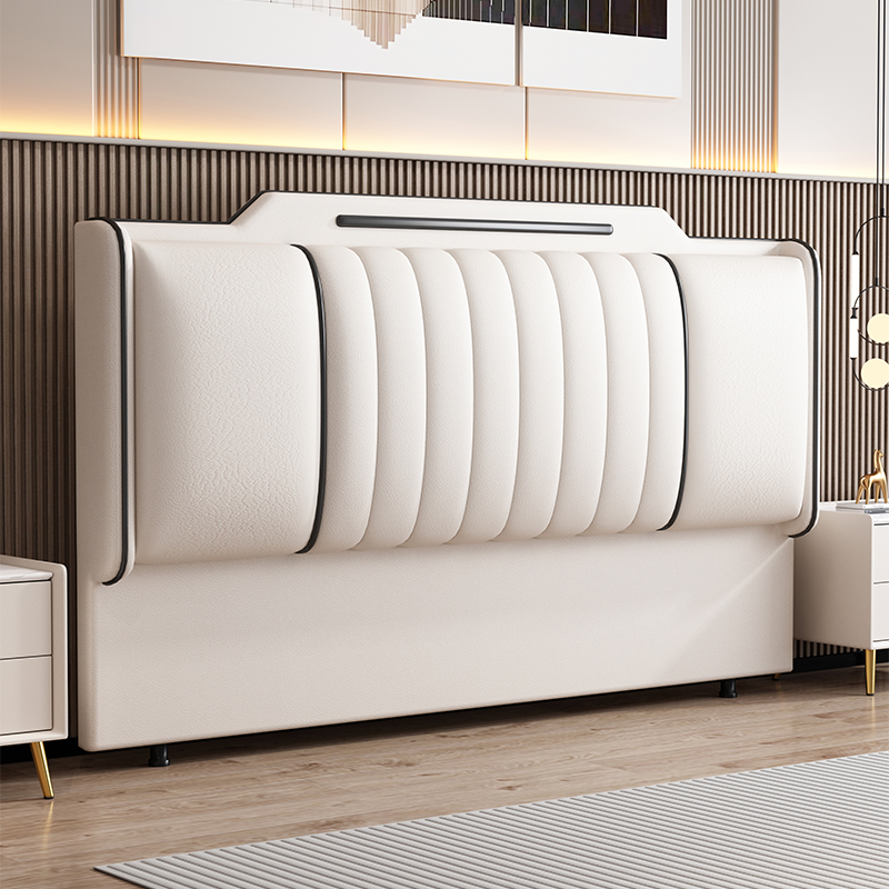 Art Deco Style Panel Headboard in Pine Wood with No Distressing, Camelback Shape for King/Queen/Full Bed, Featuring Sponge Upholstery and Standard Height