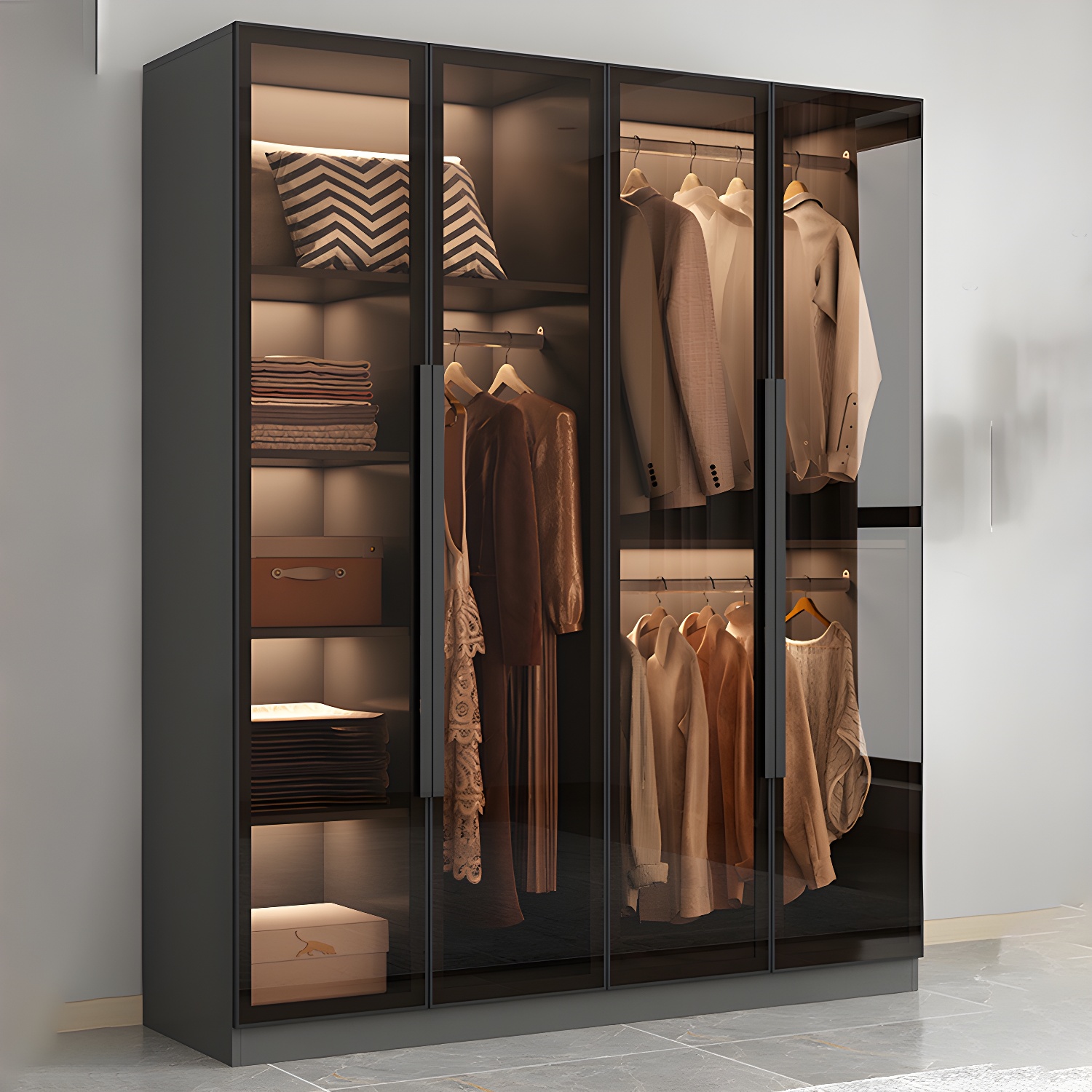 Modern Wooden Frame Wardrobe Freestanding Multifunctional Wardrobe Tempered Glass Doors