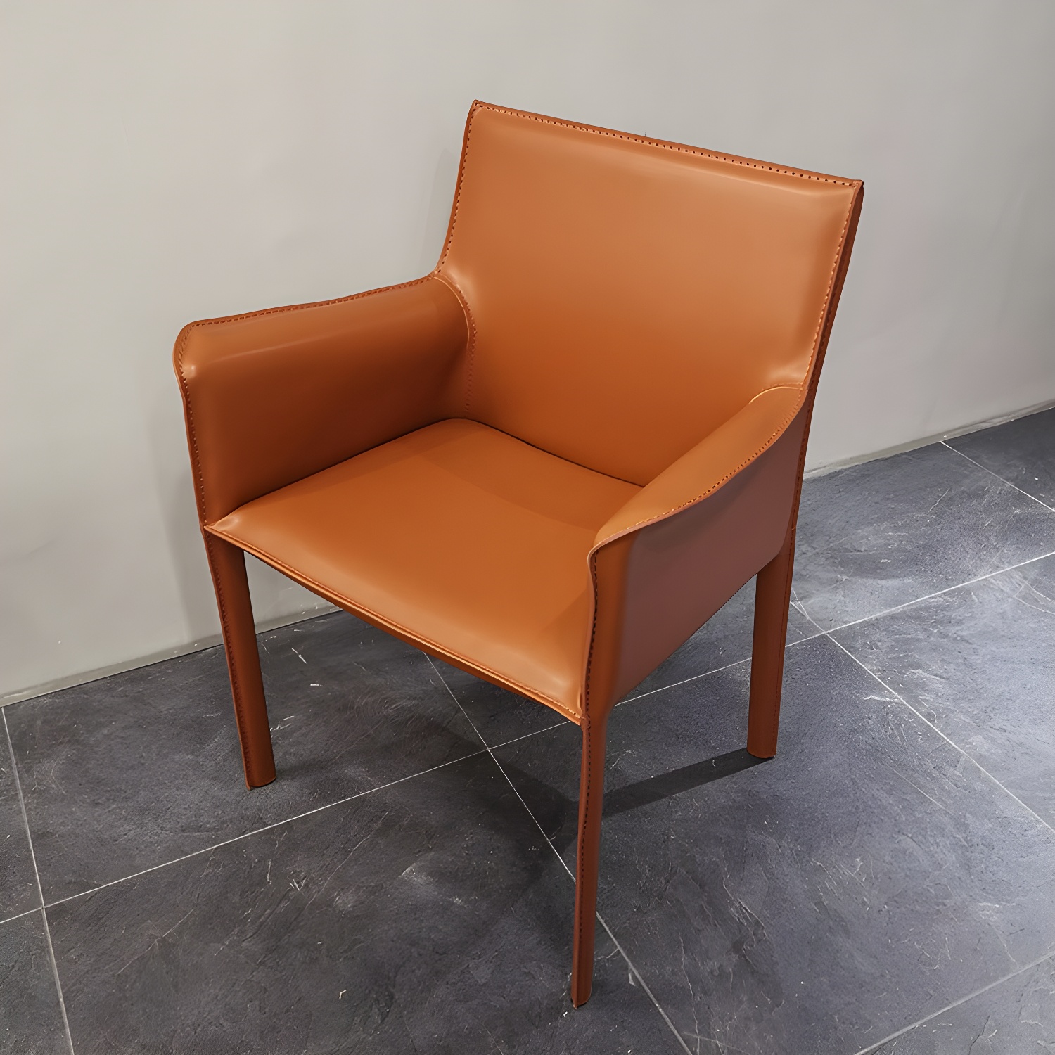 Designer Style Home Saddle Leather Arm Chair Matte Finish Solid Back Single Dining Chair - image 8