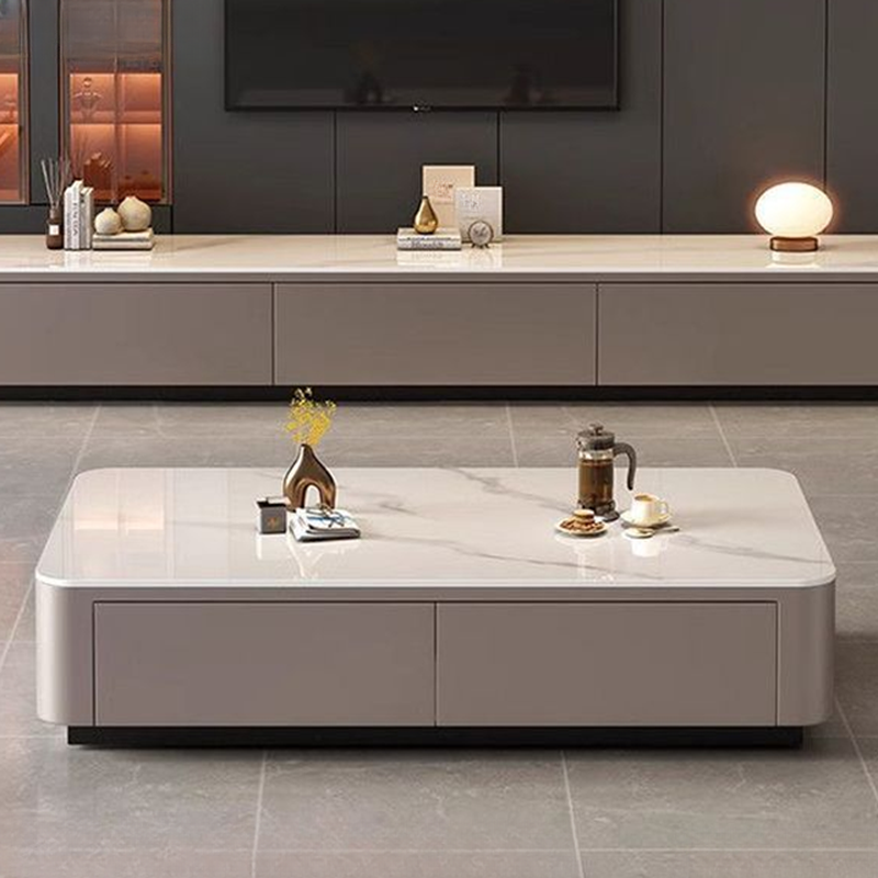Contemporary Design Single Set Geometric Figure Rock Top Board Game Coffee Table with Block Base in Gray/Chalk and 2 Drawers - image 5