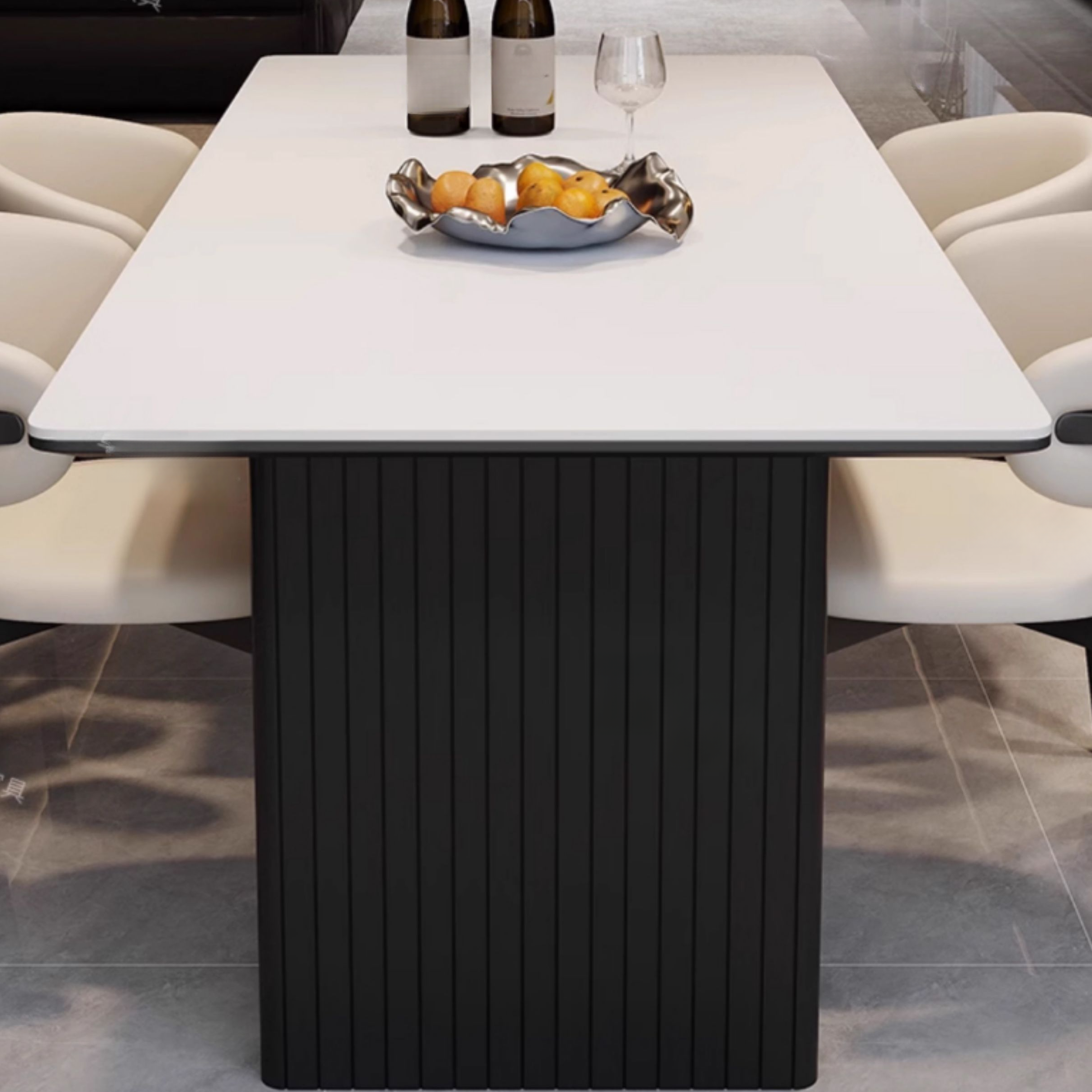 Dining Table Set with Rectangular Slate Stone Top and Two-sided Pedestal, Padded Chair with Back, 5-piece in White - image 9