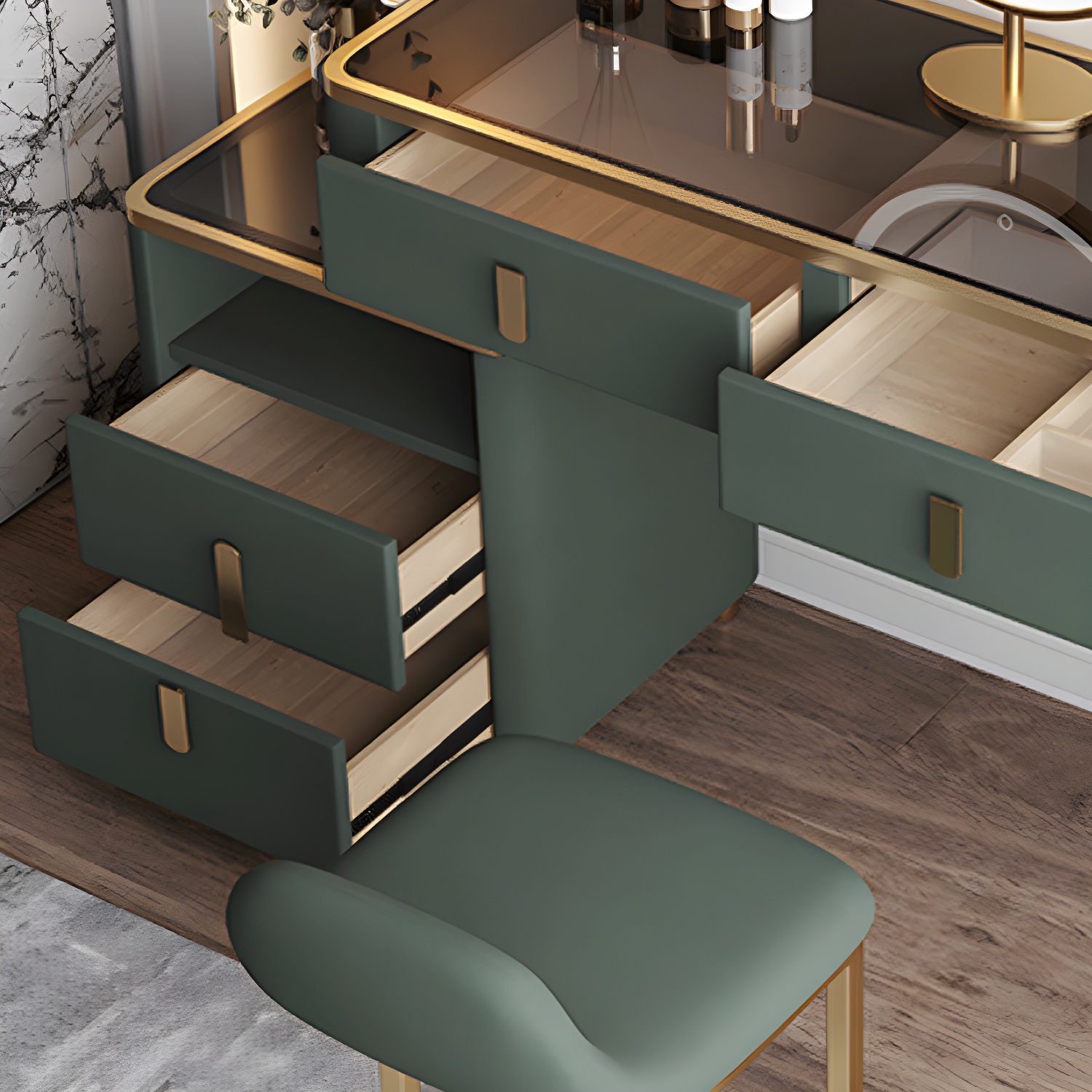 Glass Top Dressing Table Solid Wood Green Make-up Vanity with Drawers - image 7