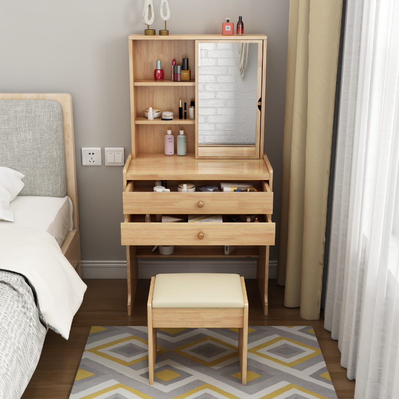 Modish Small/Standard Vanity Set with White/Auburn/Natural Color Chair, 1 Drawer/2 Drawers, Rubberwood Frame, and Standing Mirror