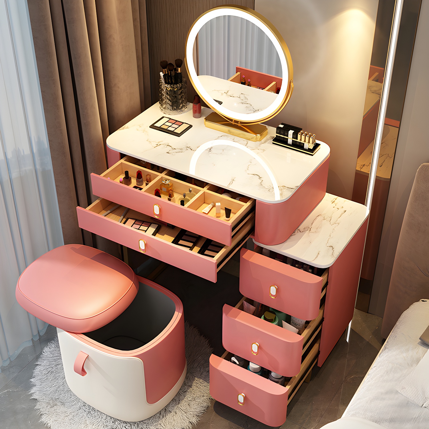 Stone Top Vanity with Storage Drawers Makeup Vanity Desk with Stool and Mirror - image 10