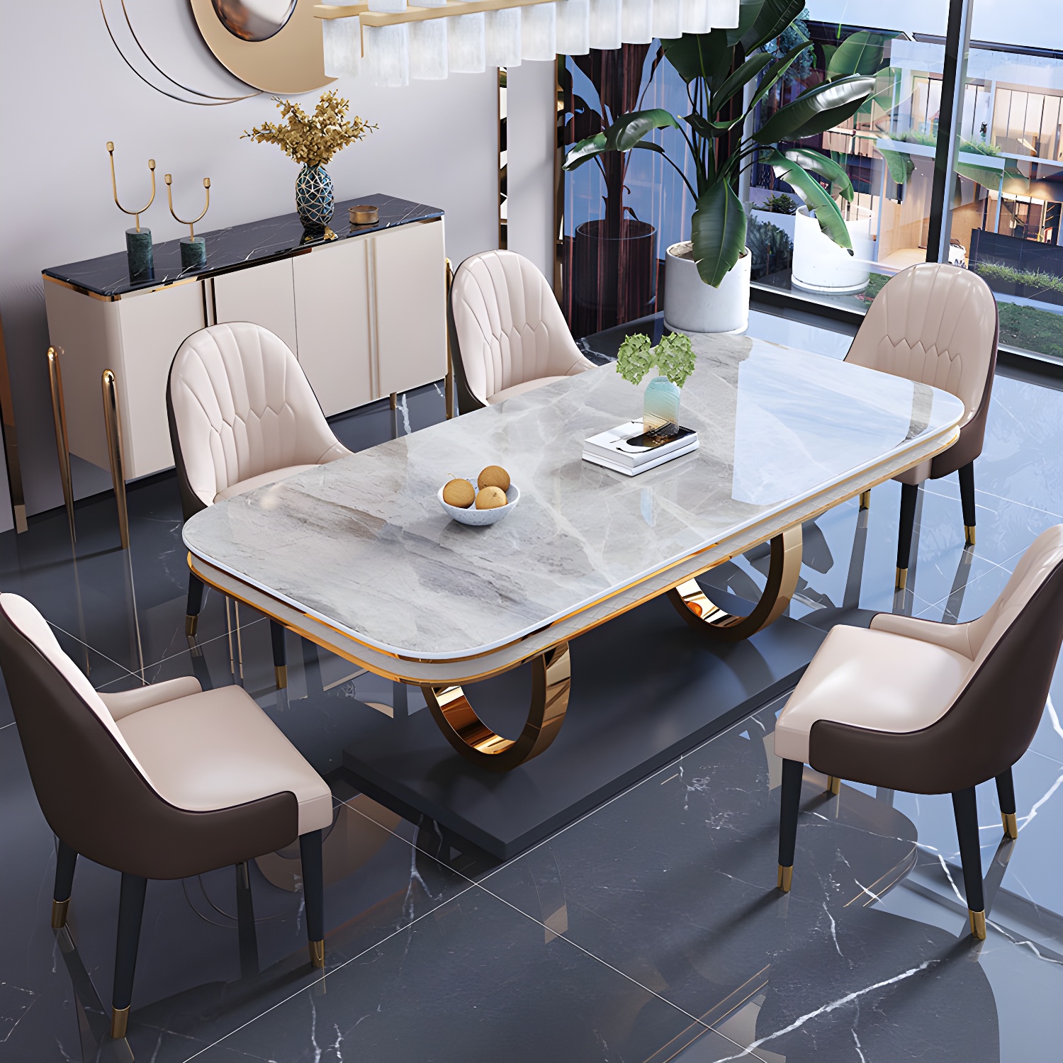 Stone Top Dining Table Traditional Luxury Table with Pedestal Base in Gold