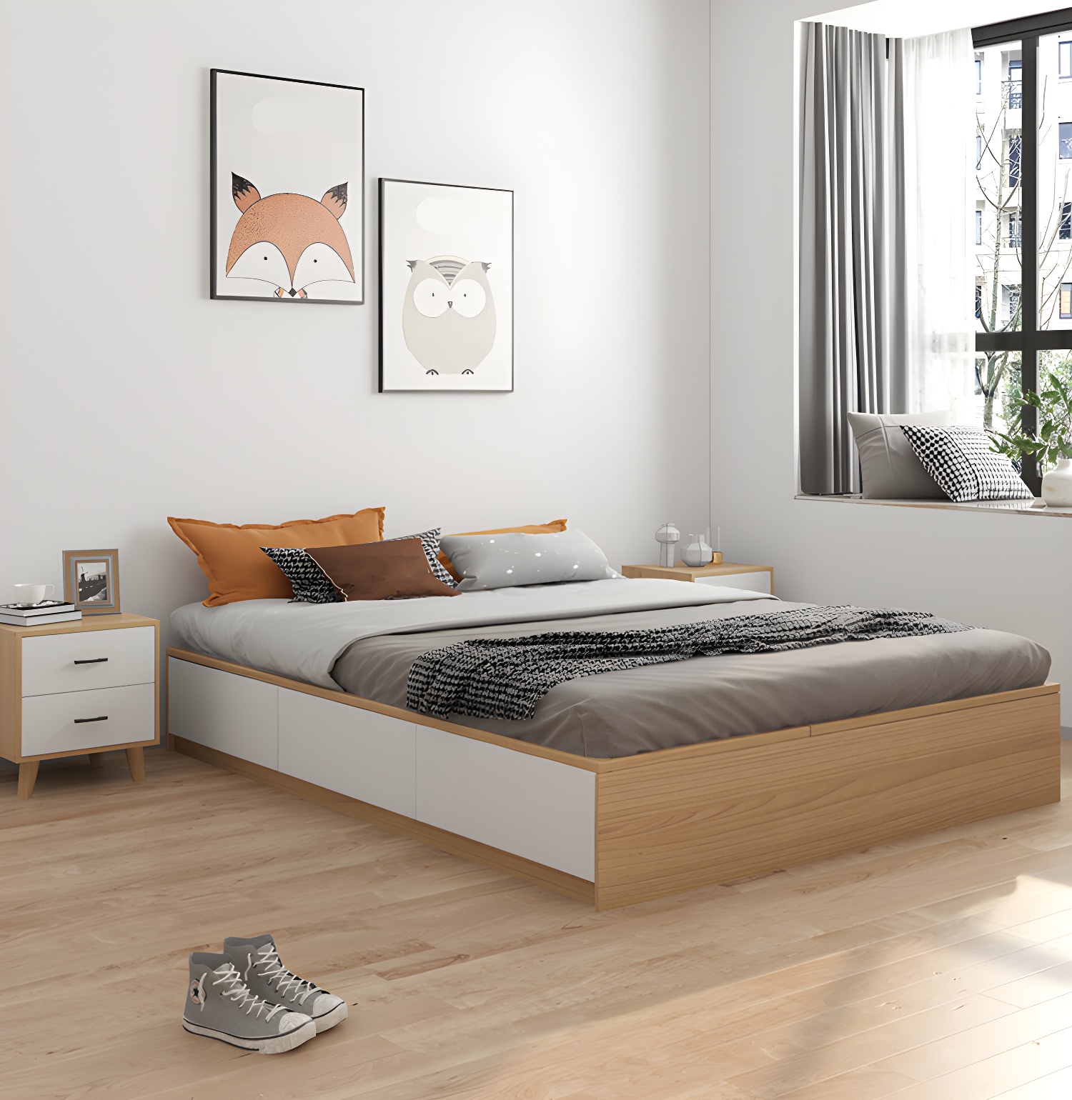 Contemporary Natural Wood Mattress Included Lift Up Storage Bed Frame