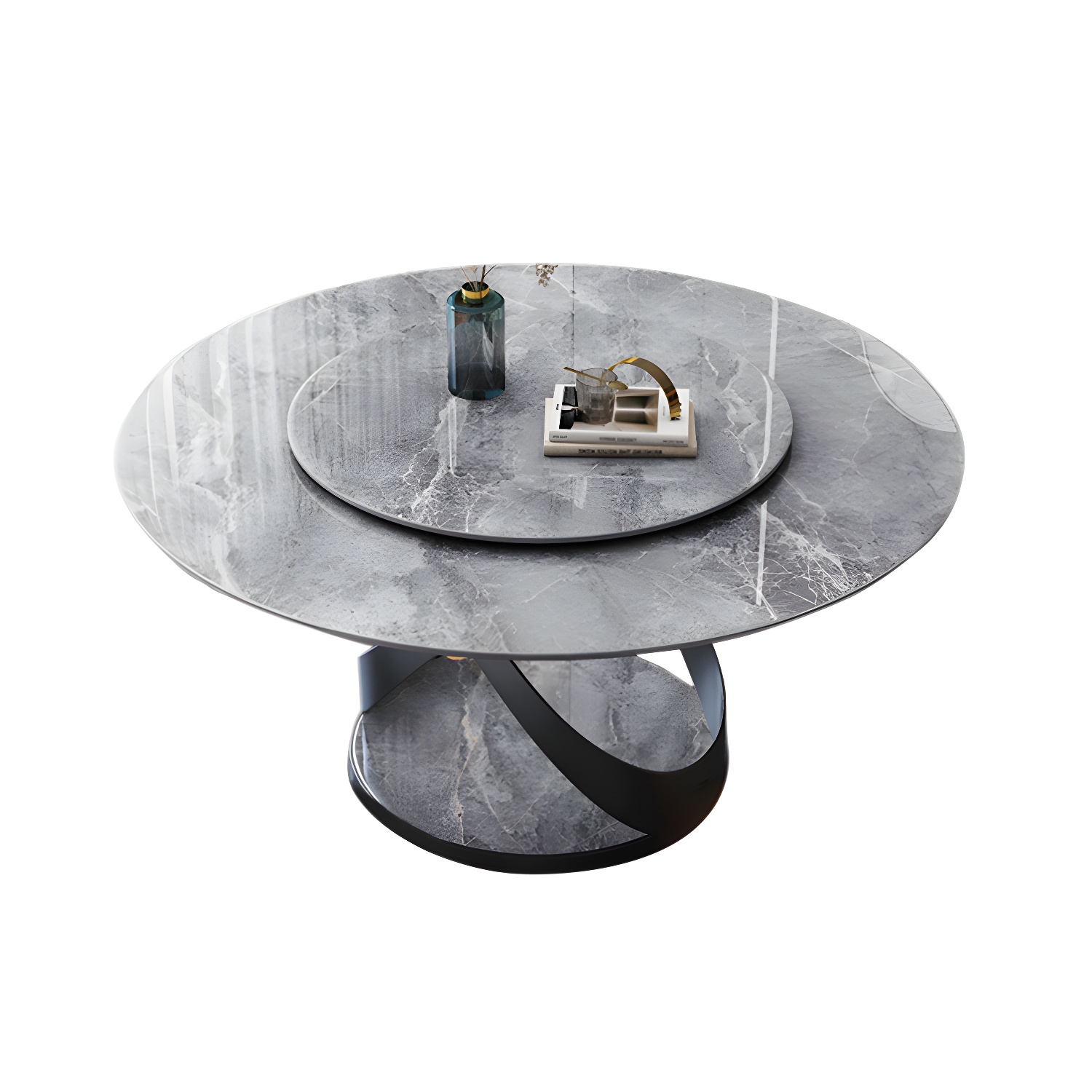 Modern Round Stone Top Lazy Susan Dining Table with Black Steel Pedestal