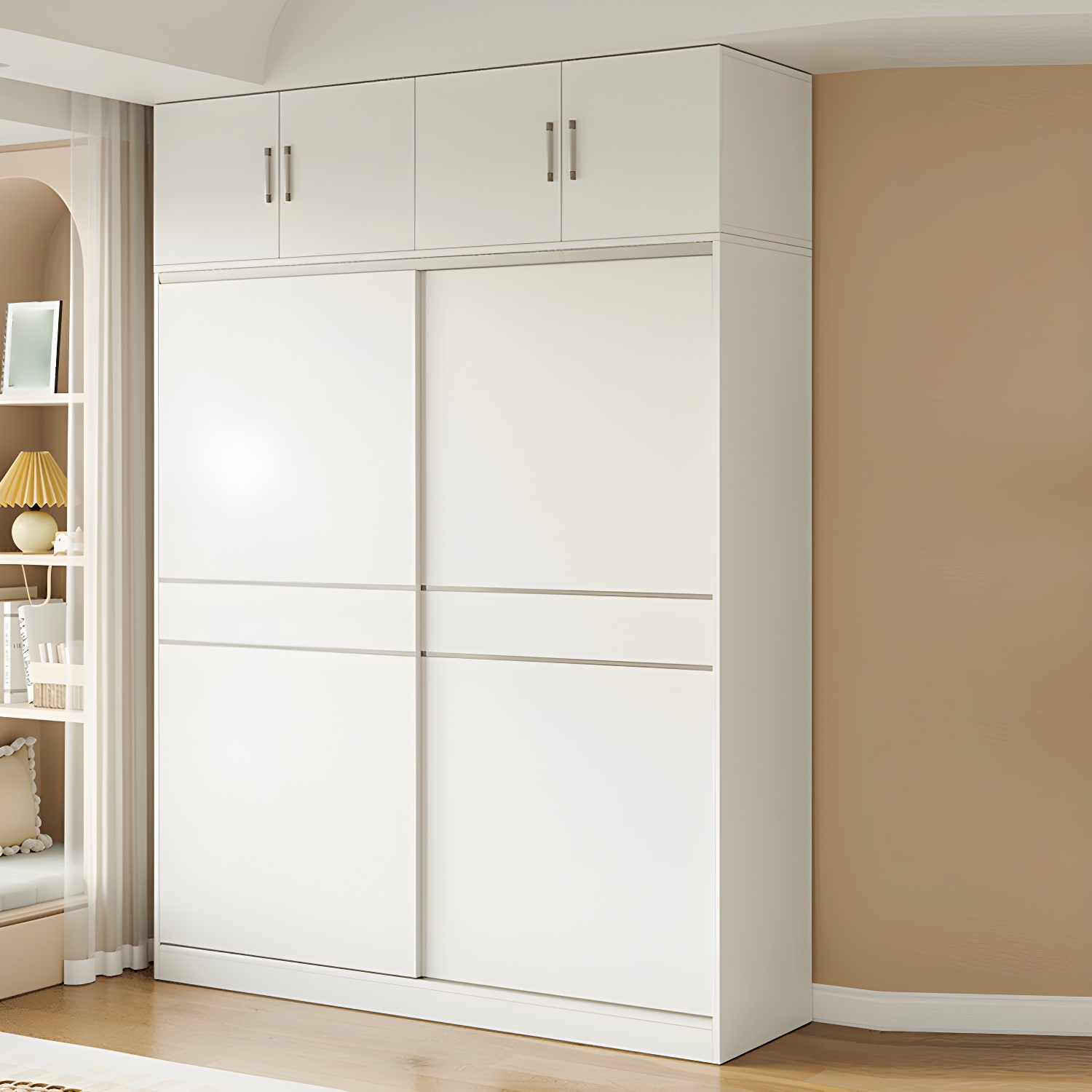 Modern White Wood Wardrobe Armoire with Sliding Doors, Shelves, and Soft Close Drawers - image 4