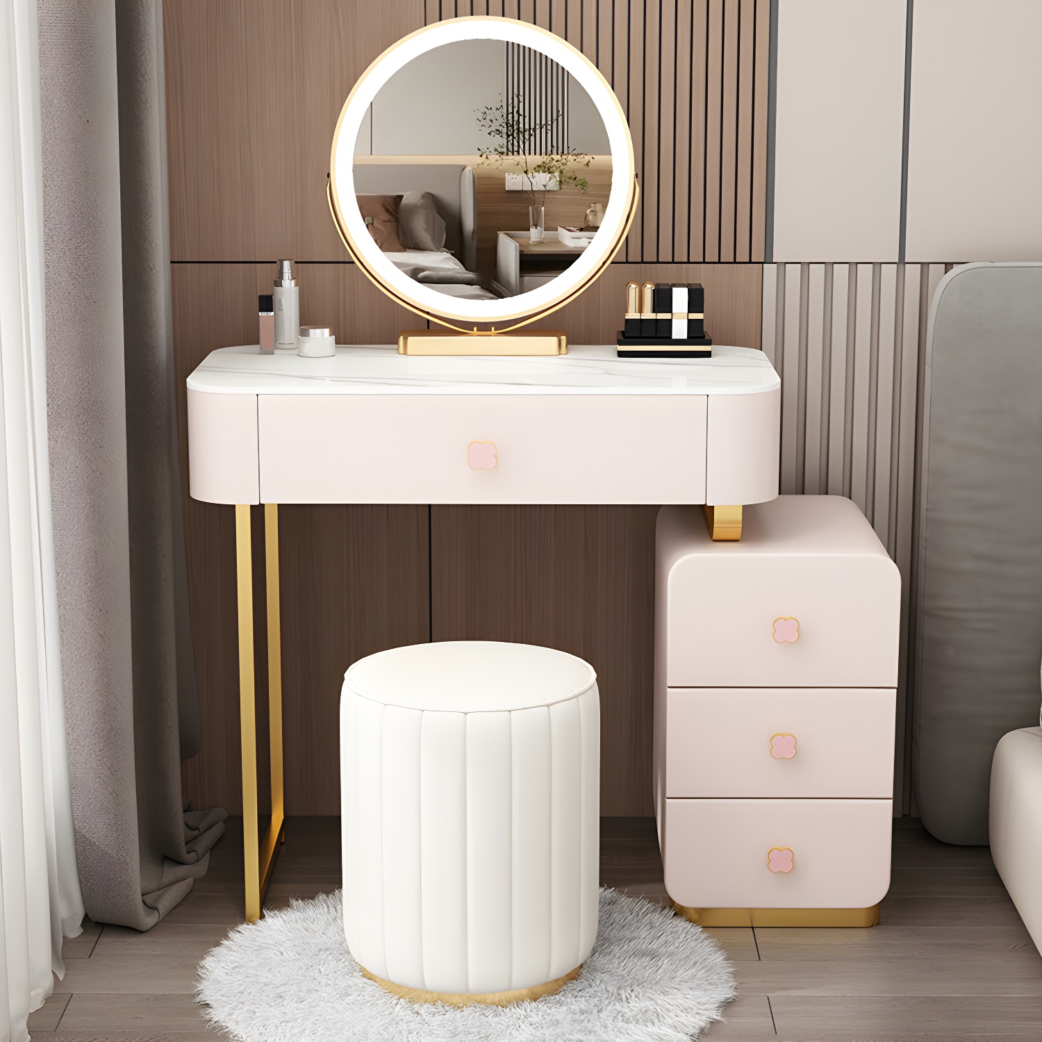 Contemporary Wooden Make-up Vanity with Storage Drawers in Rectangle
