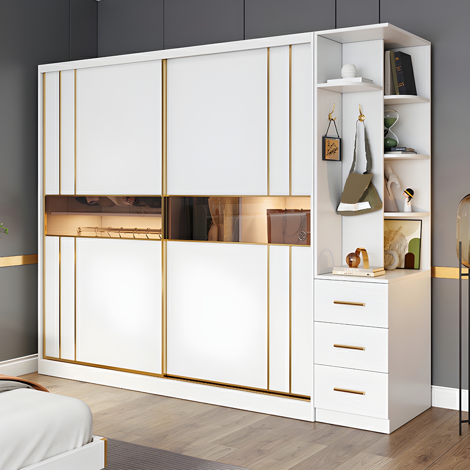 Modern White Wardrobe Armoire with Mirror, Drawers & Clothing Rod - image 11