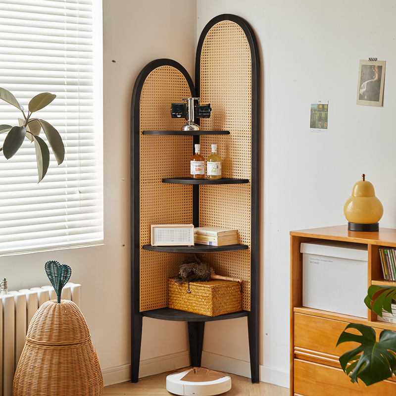 Modern Corner Unattached Accent Chest with 4 Exterior Shelves and Rubberwood Countertop in Black/Brown/Wood Grain