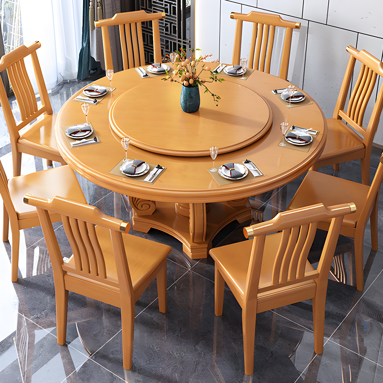 Round Solid Wood Dining Table Modern Turntable Furniture with Pedestal Base - image 15