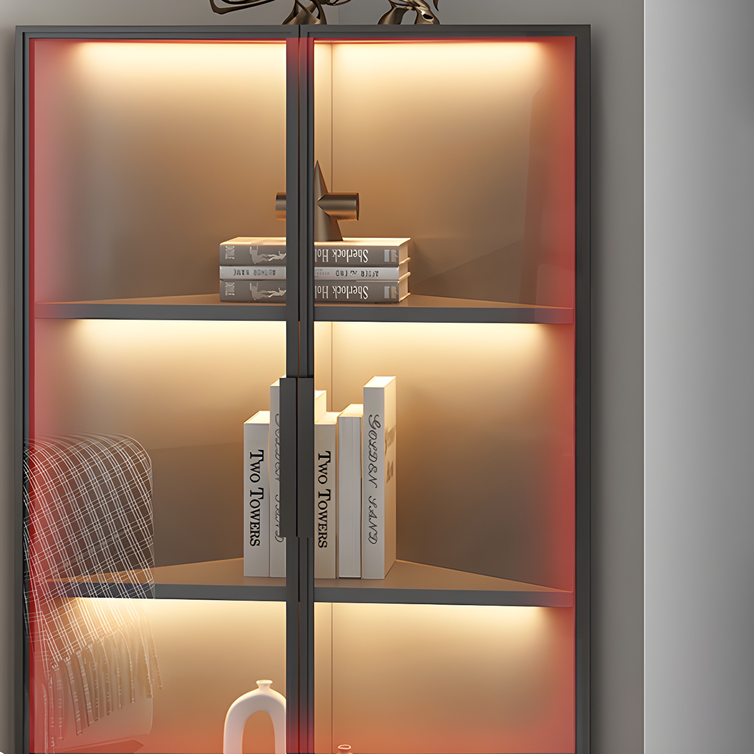 Corner Modern Accent Cabinet with Black Metal Base and Glass Doors, Black Wood Counter Top - image 7