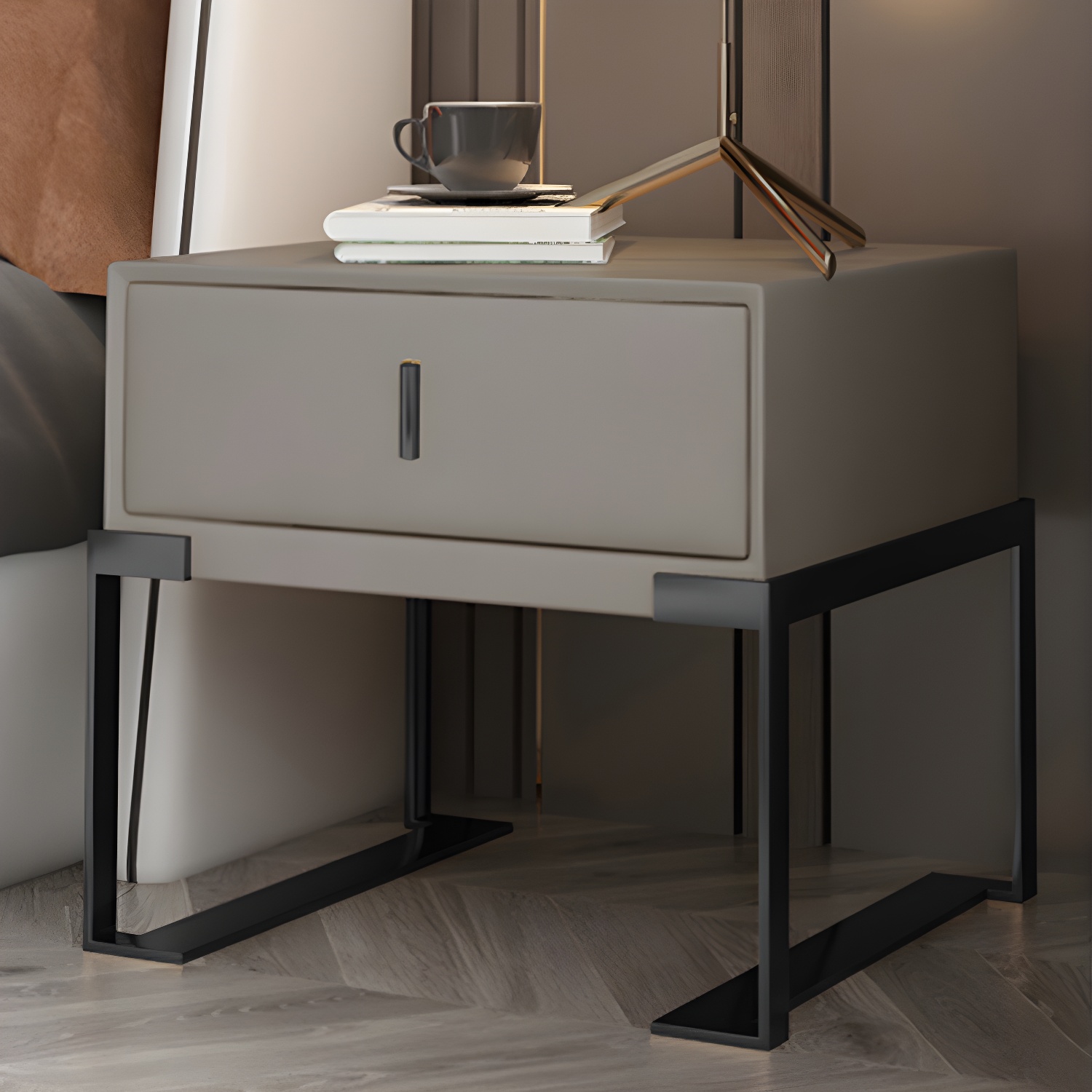 Leather 1 Drawer Nightstand Contemporary Night Table with Metal Legs - image 7