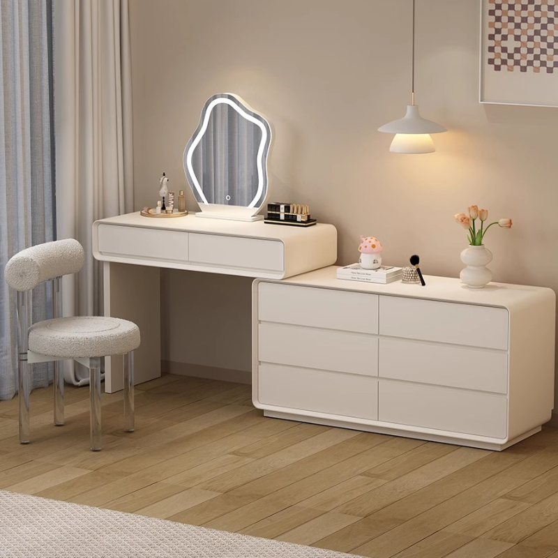 Simplistic Large Vanity Set with Lumber Table Top, White Seat, 8 Drawers, and Mirror Lights