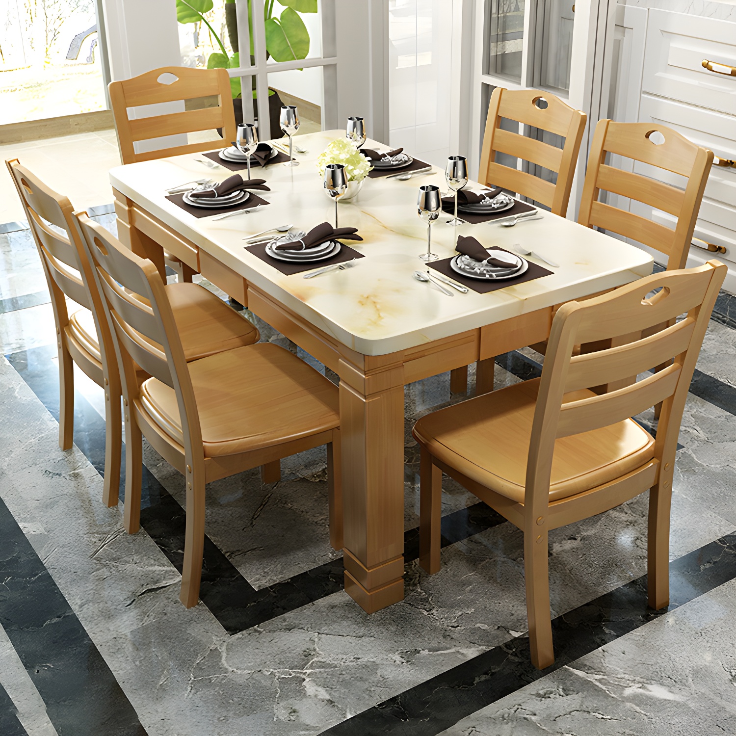 7 Piece Contemporary Rectangle Shape Dining Table Set with Chair - image 3