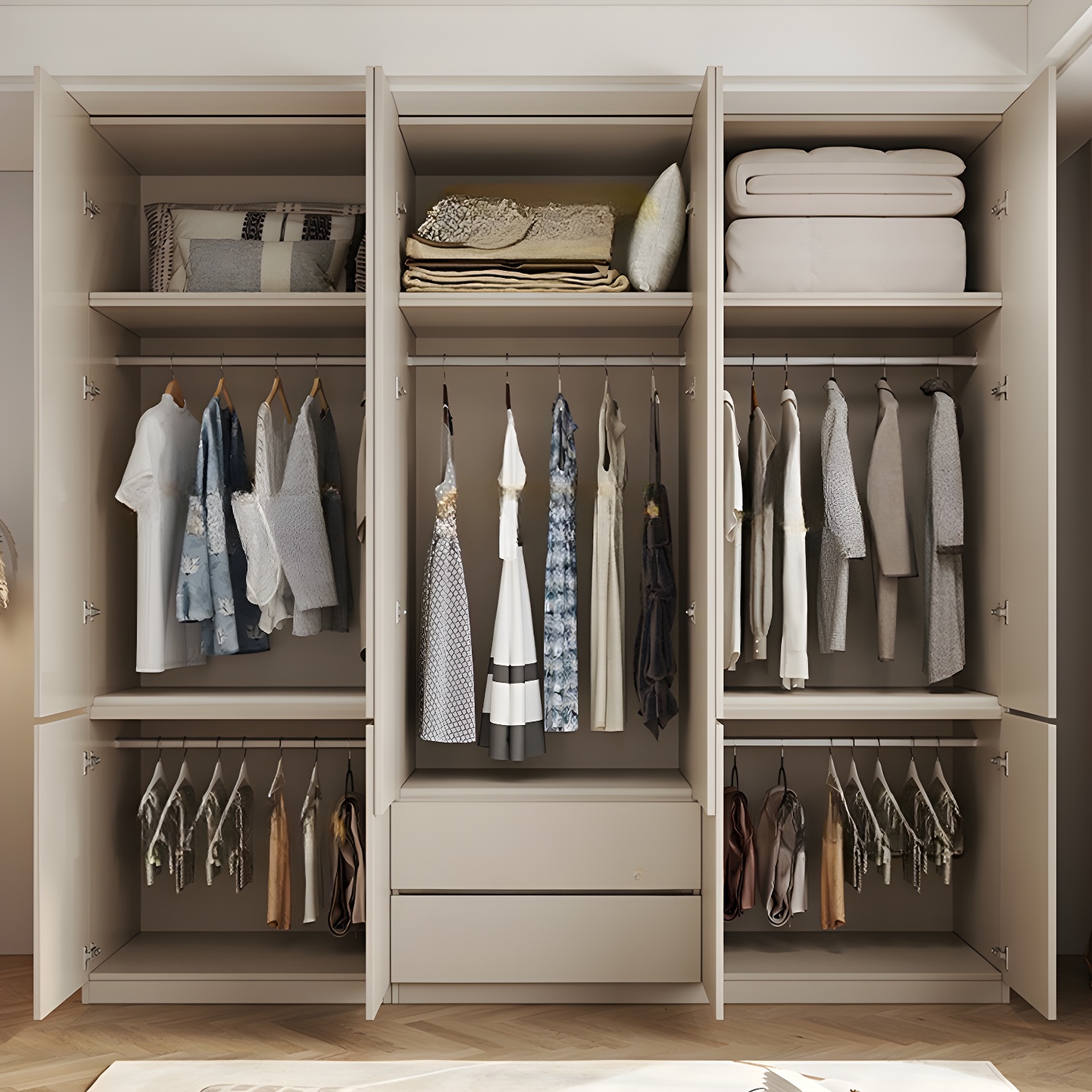 Beige Solid Wood Wardrobe Armoire with Clothing Rod & Shelves