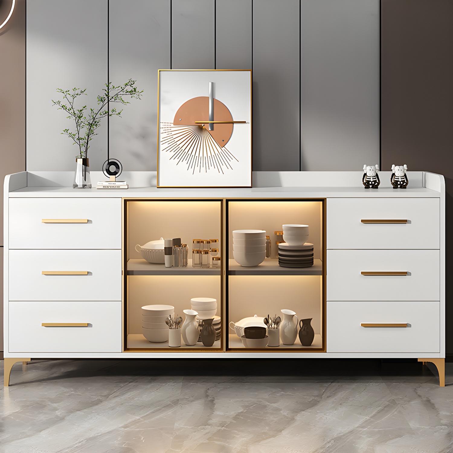Glamorous Wood Buffet Sideboard with Glass Doors and Open Storage - image 6