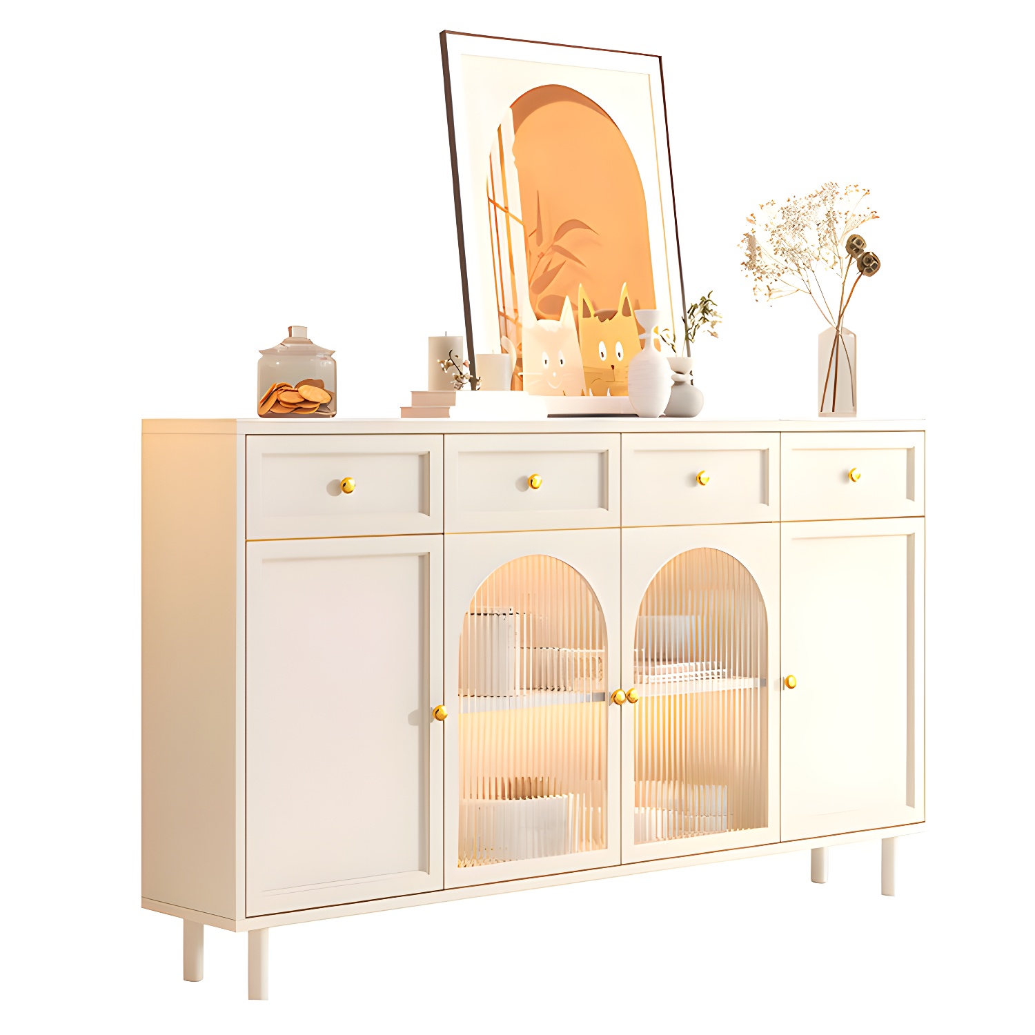 Scandinavian Wood Buffet Sideboard with Stone Countertop and Glass Doors - image 8