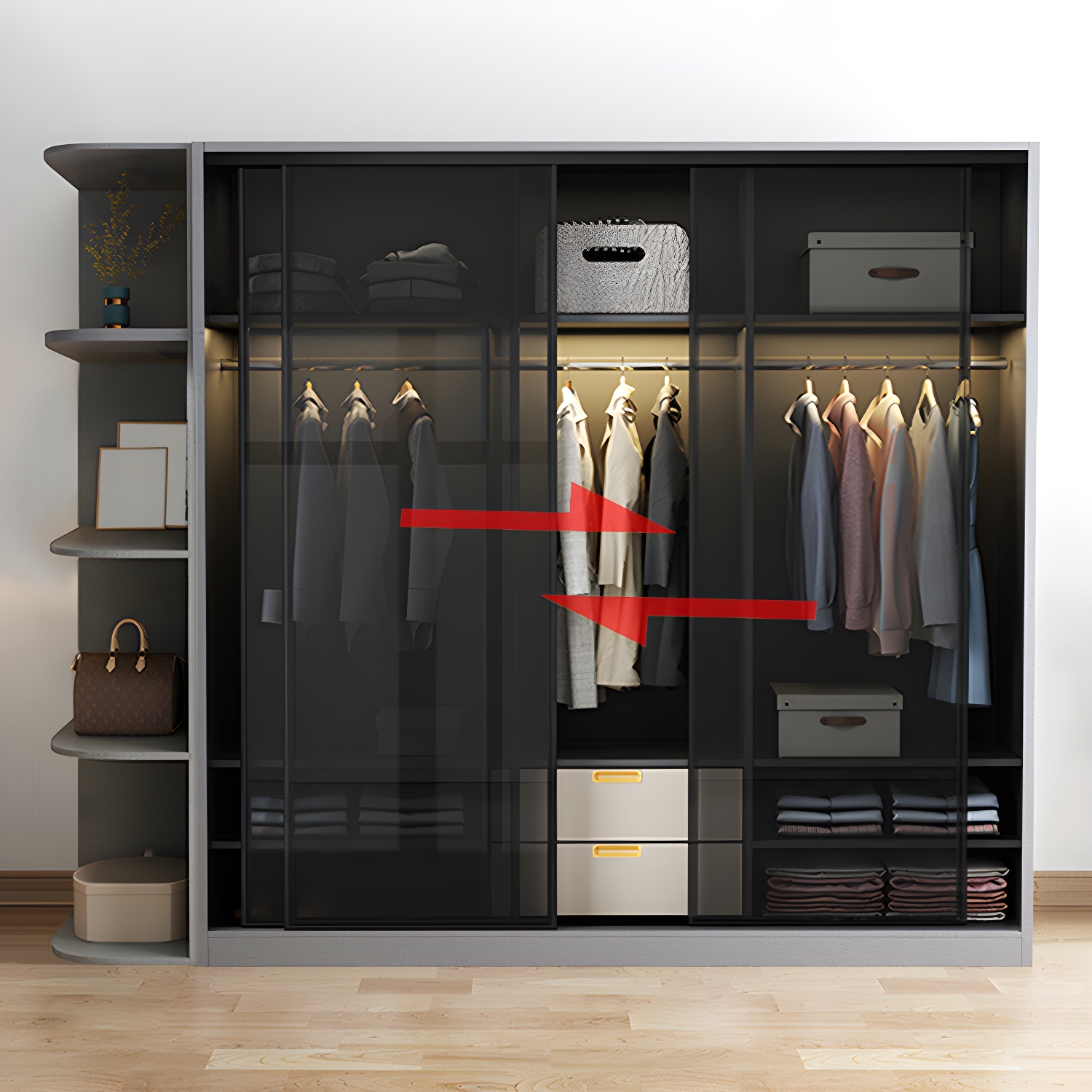 Contemporary Wood and Tempered Glass Wardrobe Freestanding Wardrobe Armoire without Light - image 9