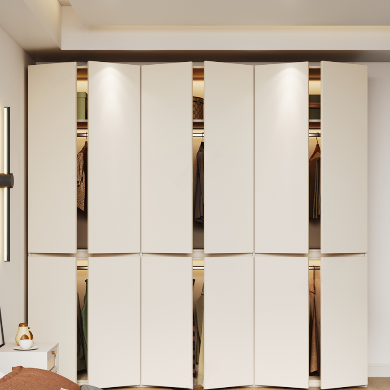 White Minimalist Manufactured Wood Independent Wardrobe Closet with Soft Close Door, Interior Shelves, and Articulated Mechanism