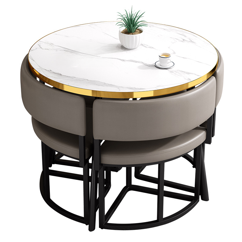 Art Deco Circular-shaped Upholstered Chair Metal & Faux Wood Dining Table Set with Upholstered Back in White, 5 Pieces - image 19