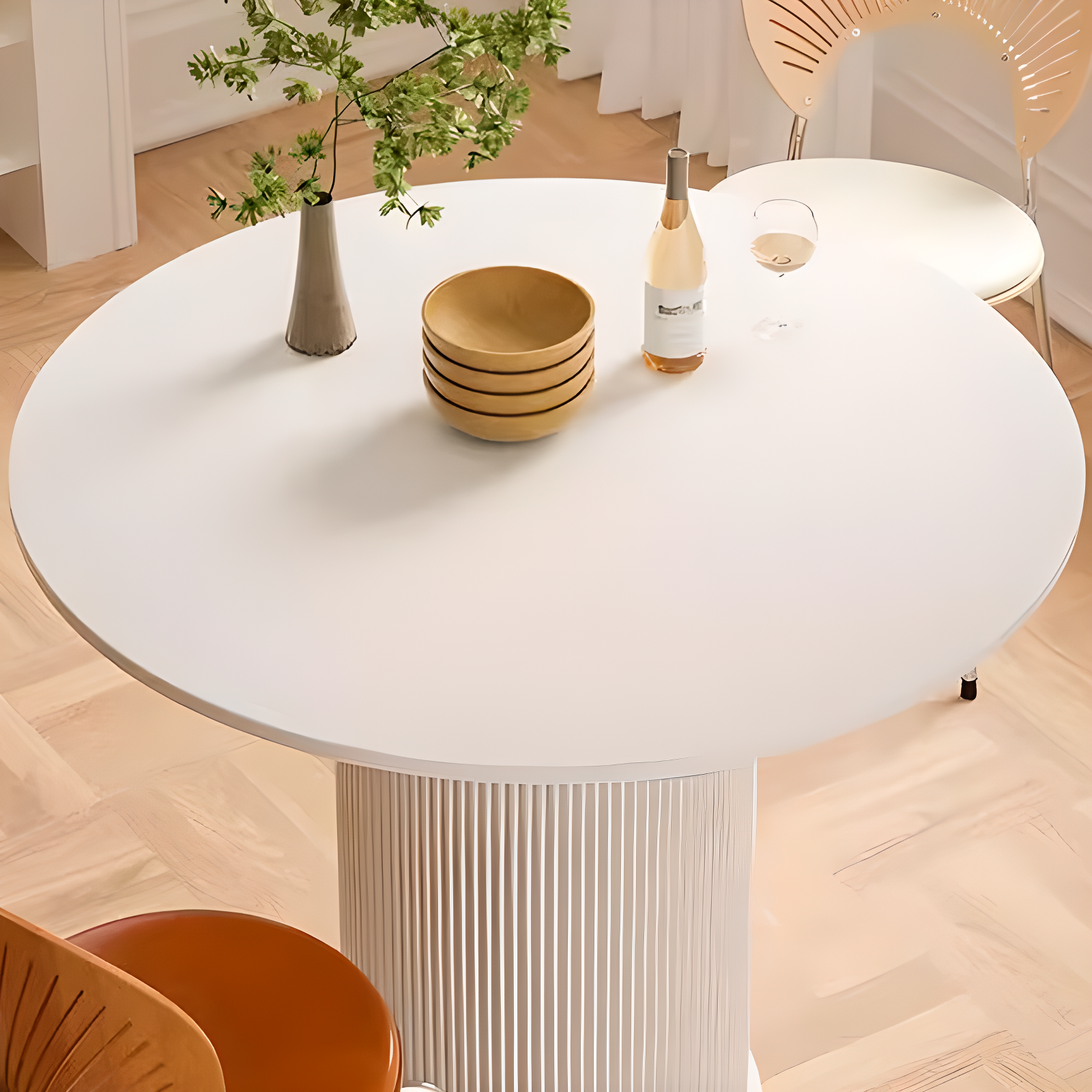 Minimalist Sintered Stone Rounded Fixed Dining Table with Single Ribbed Leg for 2 People/for 4 - image 10