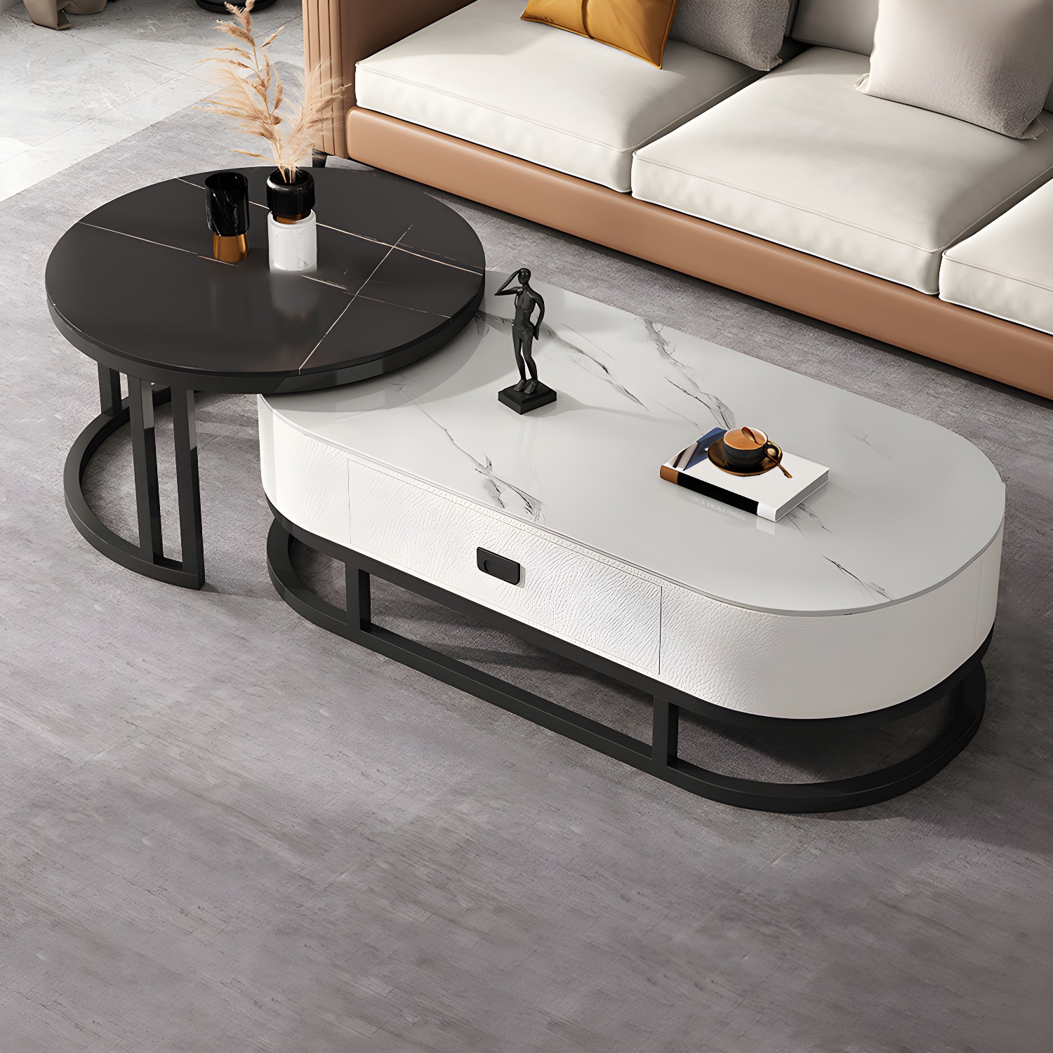 Slate Coffee Table Oval Nesting Coffee Table Set with Metal Legs - image 4