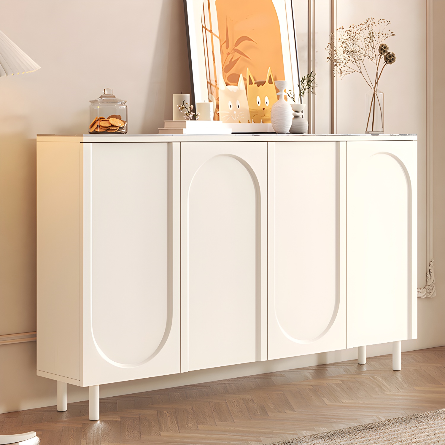 Scandinavian Wood Buffet Sideboard Cabinet with Stone Countertop Shelves Included - image 4