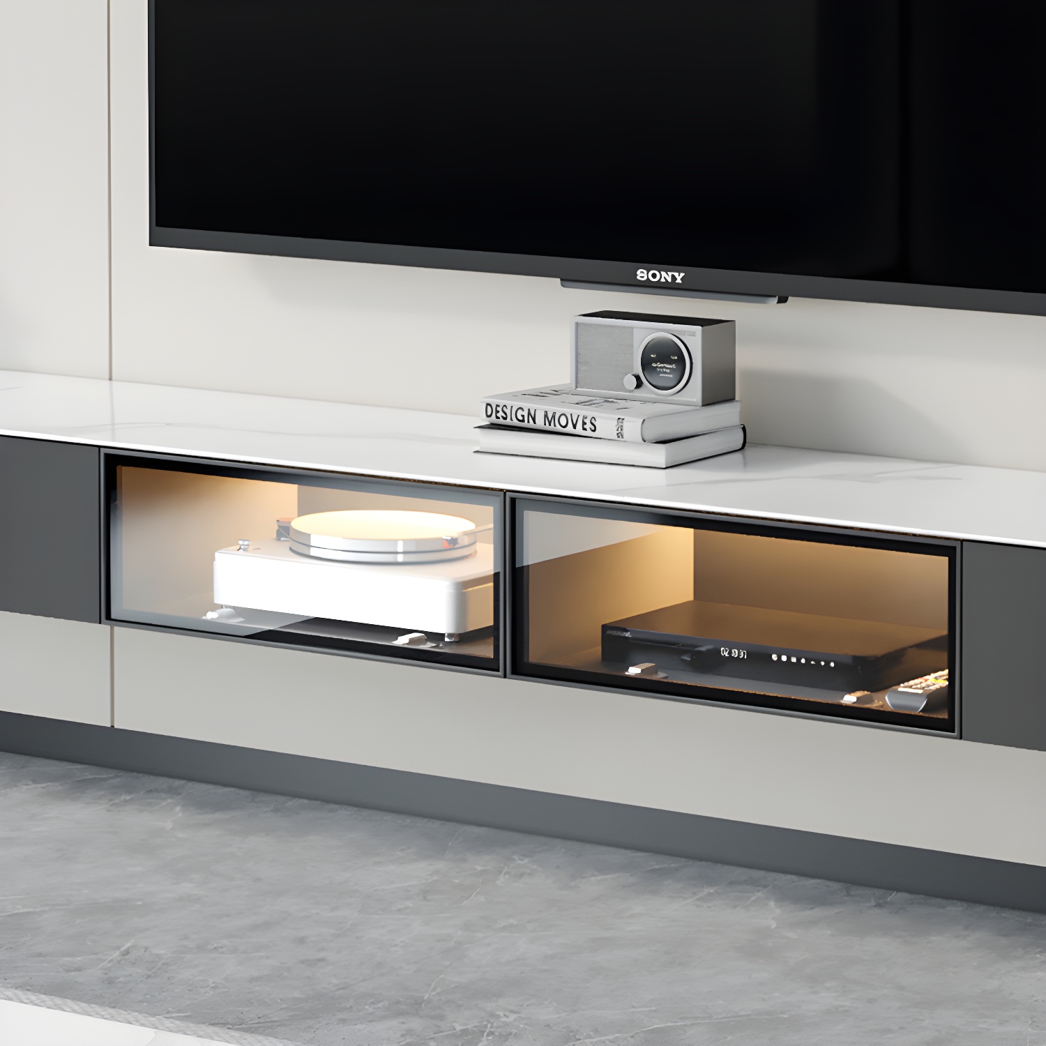 Modern Wall-mounted TV Media Stand Slate Top Wood Frame with Storage - image 6