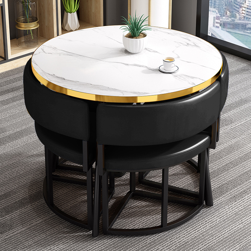 Art Deco Circular-shaped Upholstered Chair Metal & Faux Wood Dining Table Set with Upholstered Back in White, 5 Pieces