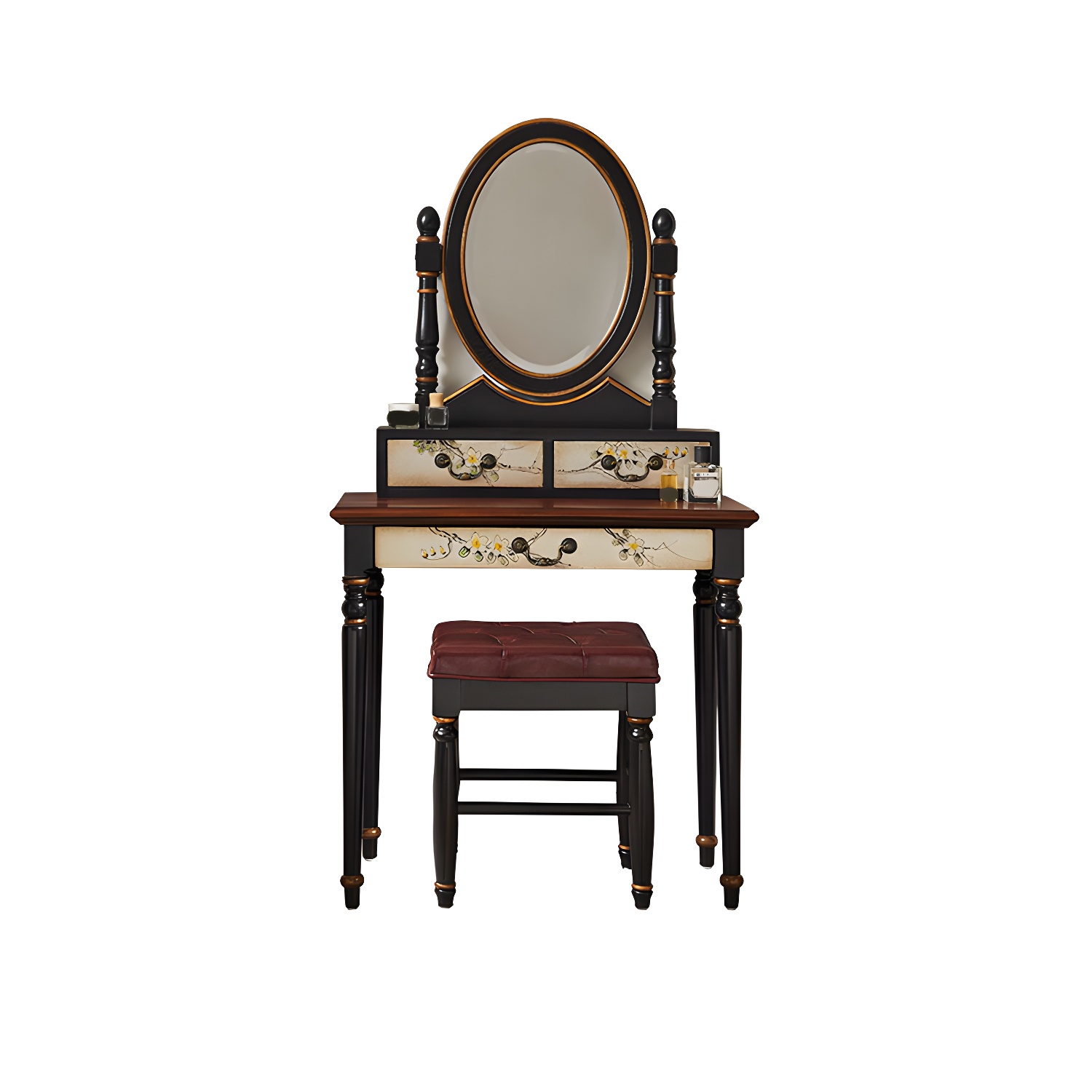 Victorian Vanity Set Solid Wood Drawers Included Makeup Dressing Table With Mirror & Stool - image 4