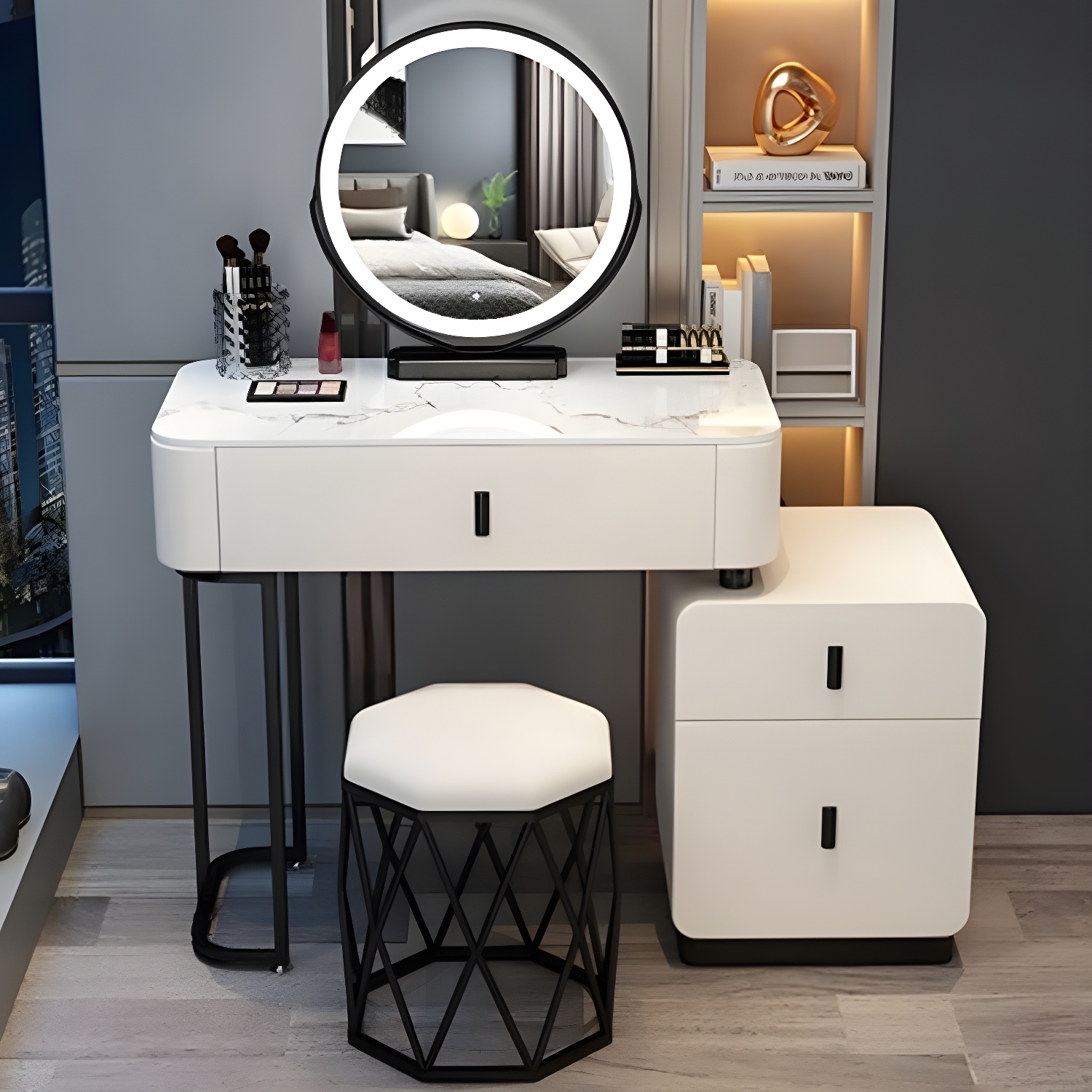Modern Stone Top Makeup Vanity Desk with Solid Wood Storage Drawers - image 7